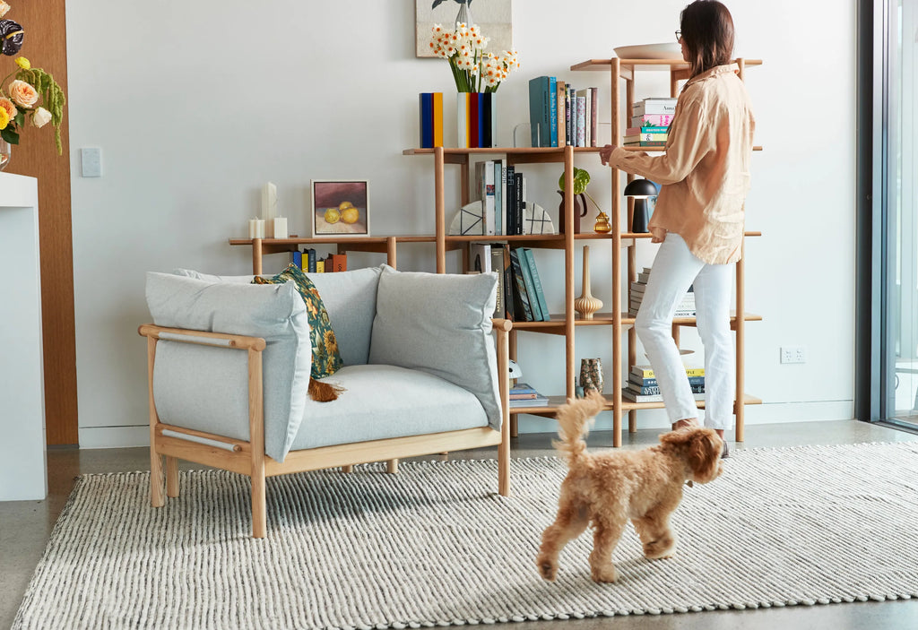 Olivia Armchair Soft Gray Fabric Solid American Oak