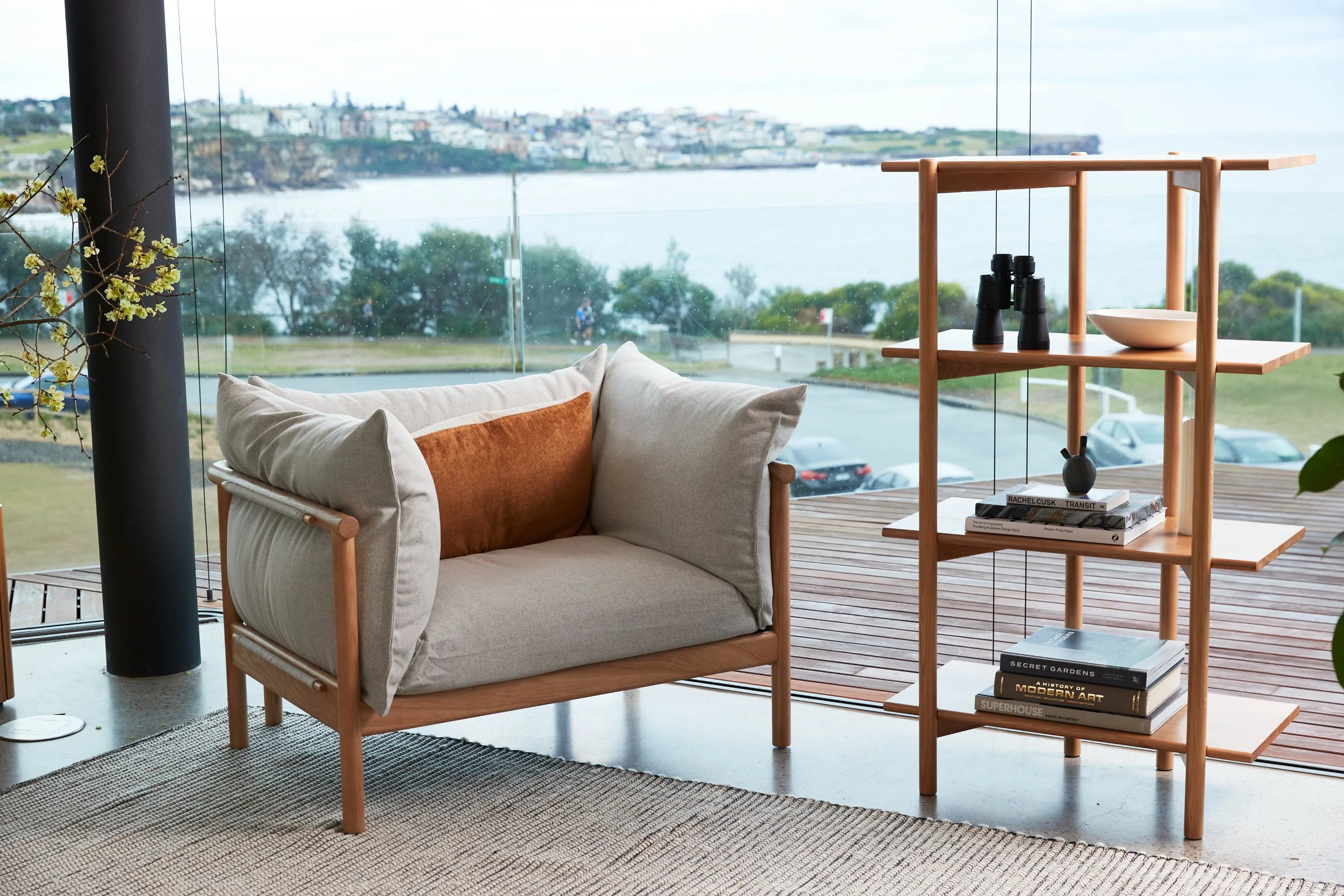 Olivia Armchair Soft Gray Fabric Solid American Oak