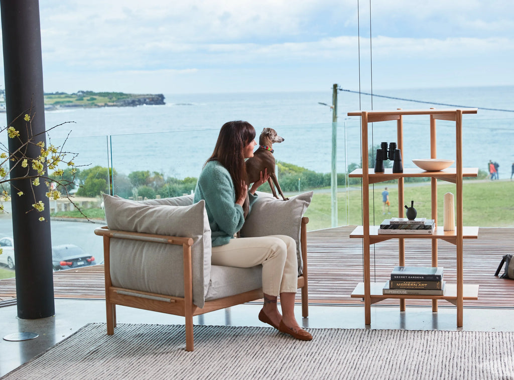 Olivia Armchair Soft Gray Fabric Solid American Oak