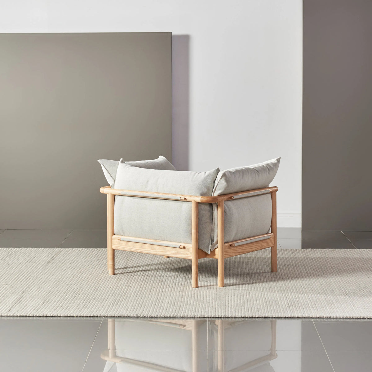 Olivia Armchair Soft Gray Fabric Solid American Oak