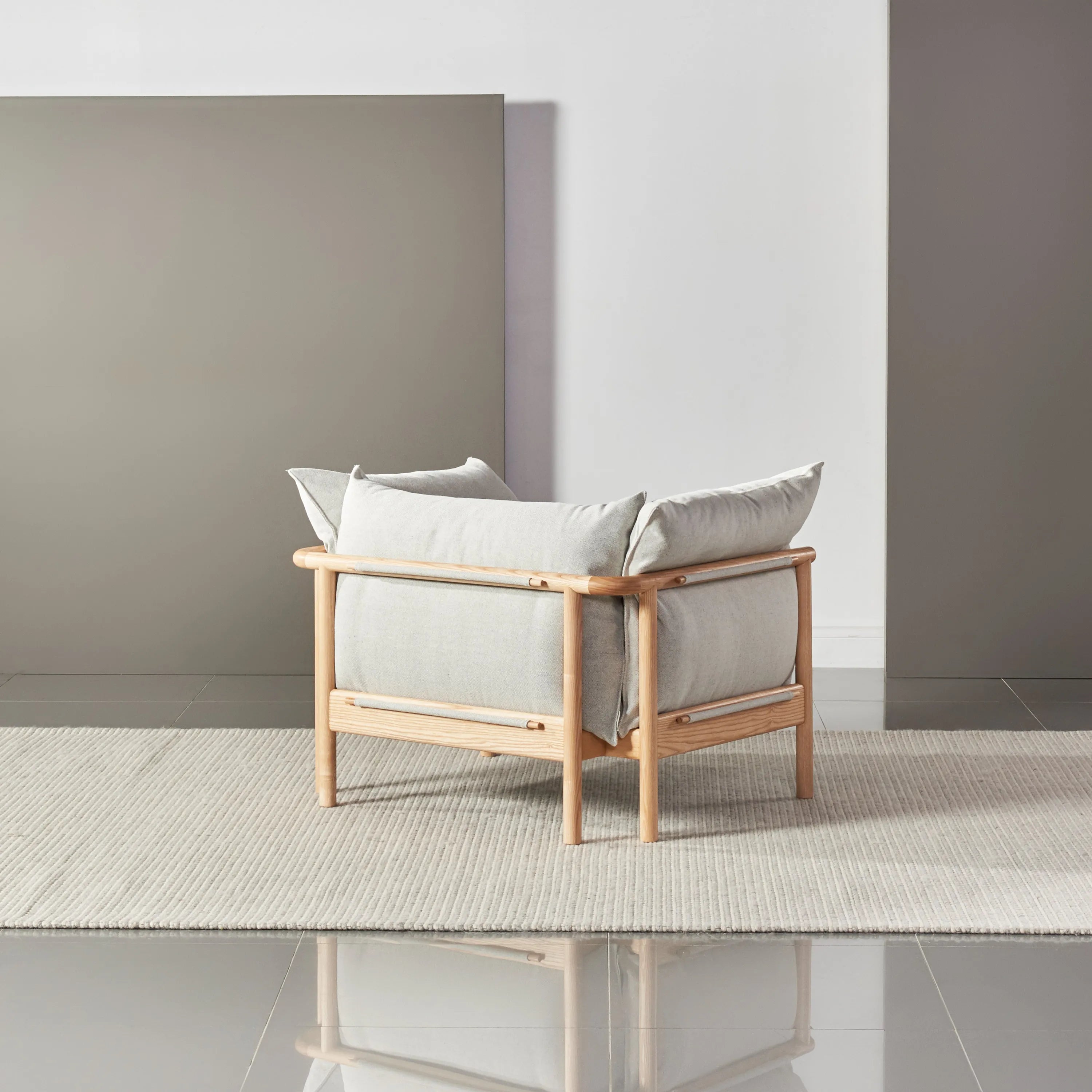 Olivia Armchair Soft Gray Fabric Solid American Oak