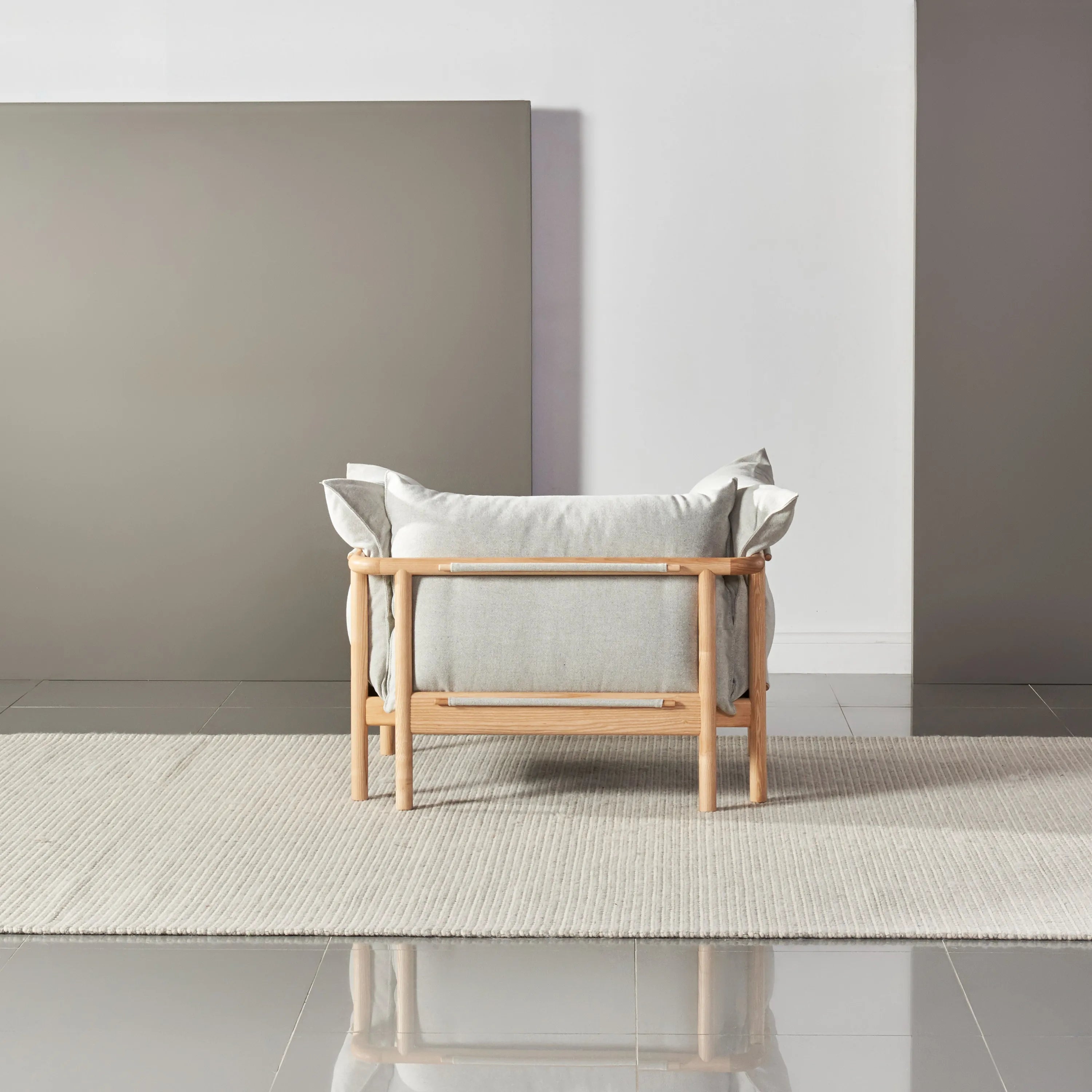 Olivia Armchair Soft Gray Fabric Solid American Oak