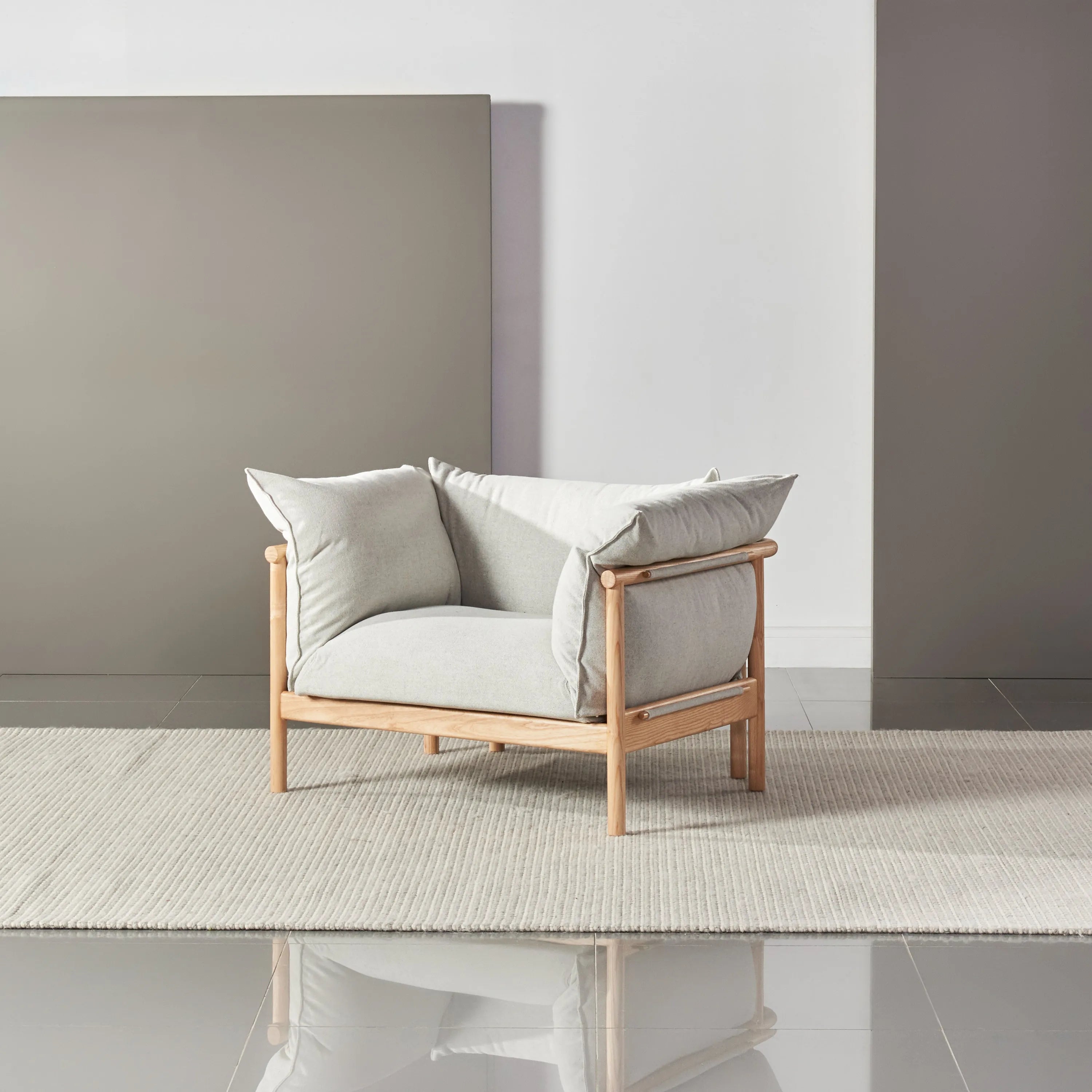 Olivia Armchair Soft Gray Fabric Solid American Oak