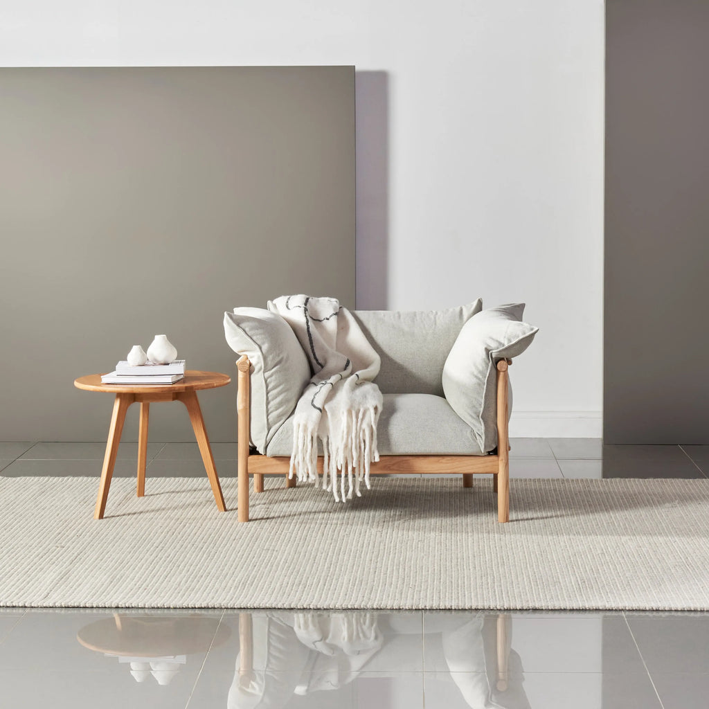 Olivia Armchair Soft Gray Fabric Solid American Oak