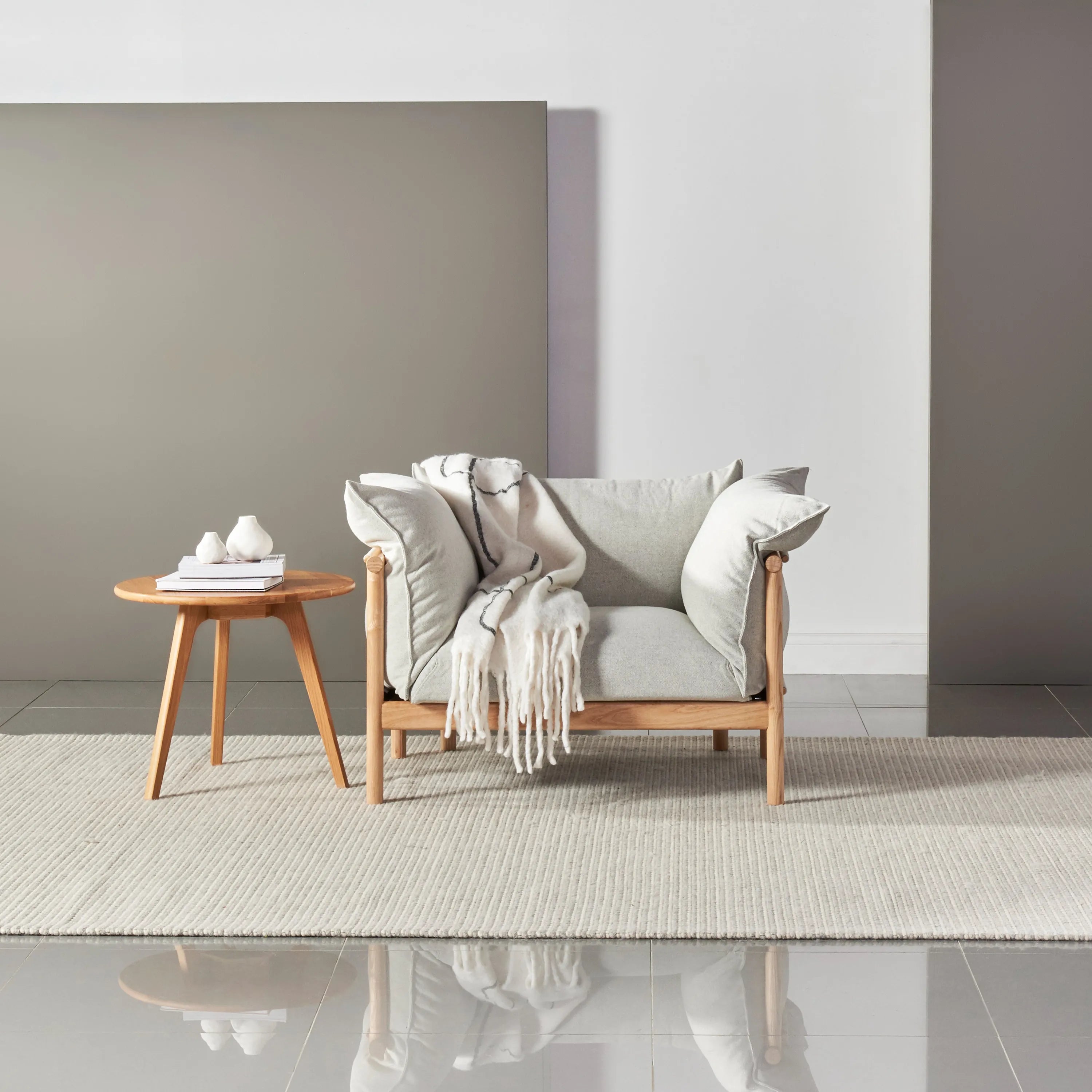 Olivia Armchair Soft Gray Fabric Solid American Oak