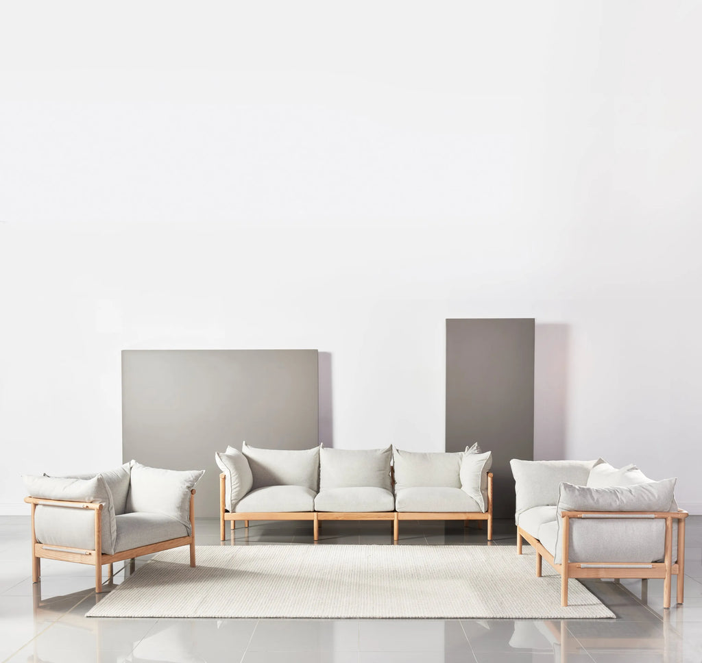 Olivia Armchair Soft Gray Fabric Solid American Oak