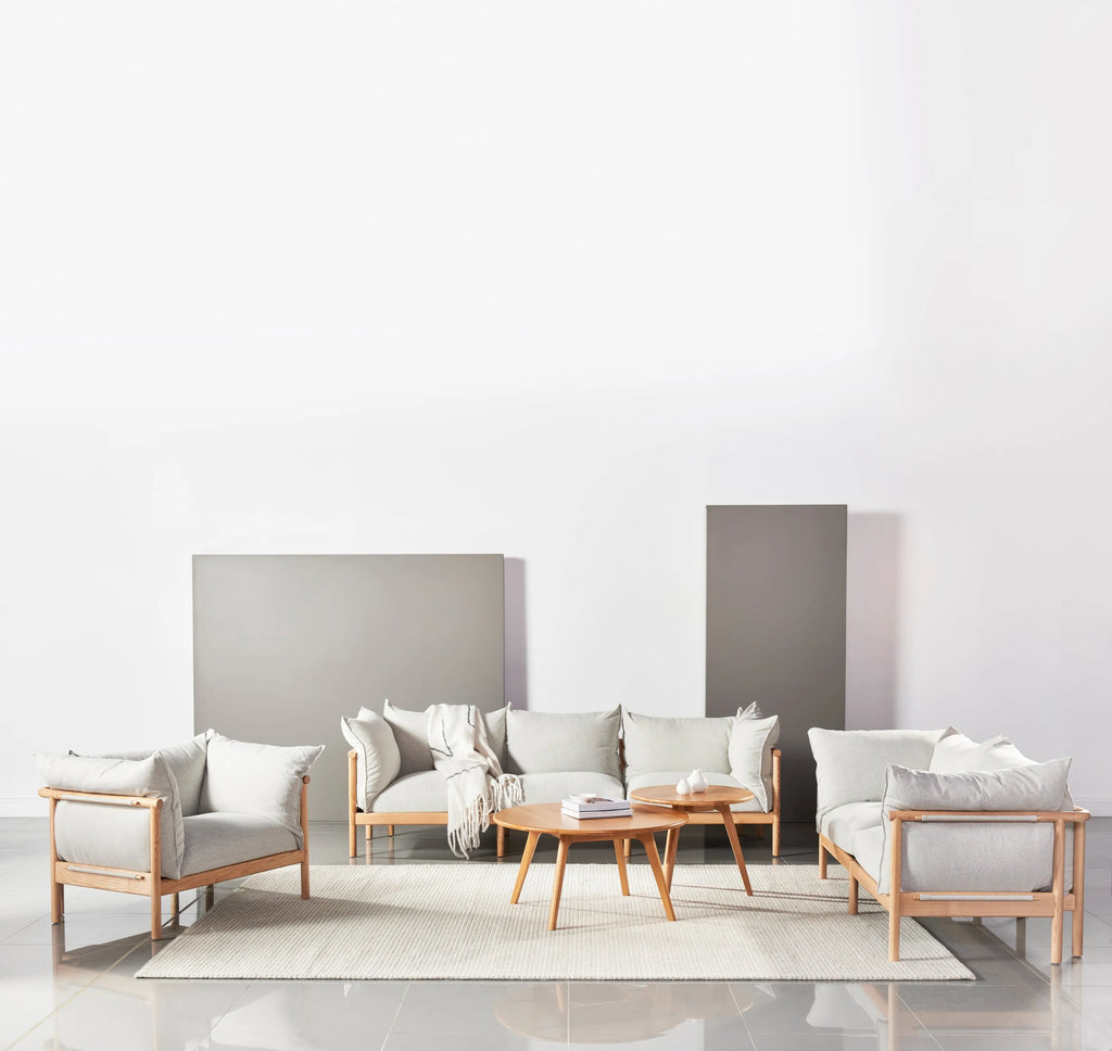 Olivia Armchair Soft Gray Fabric Solid American Oak