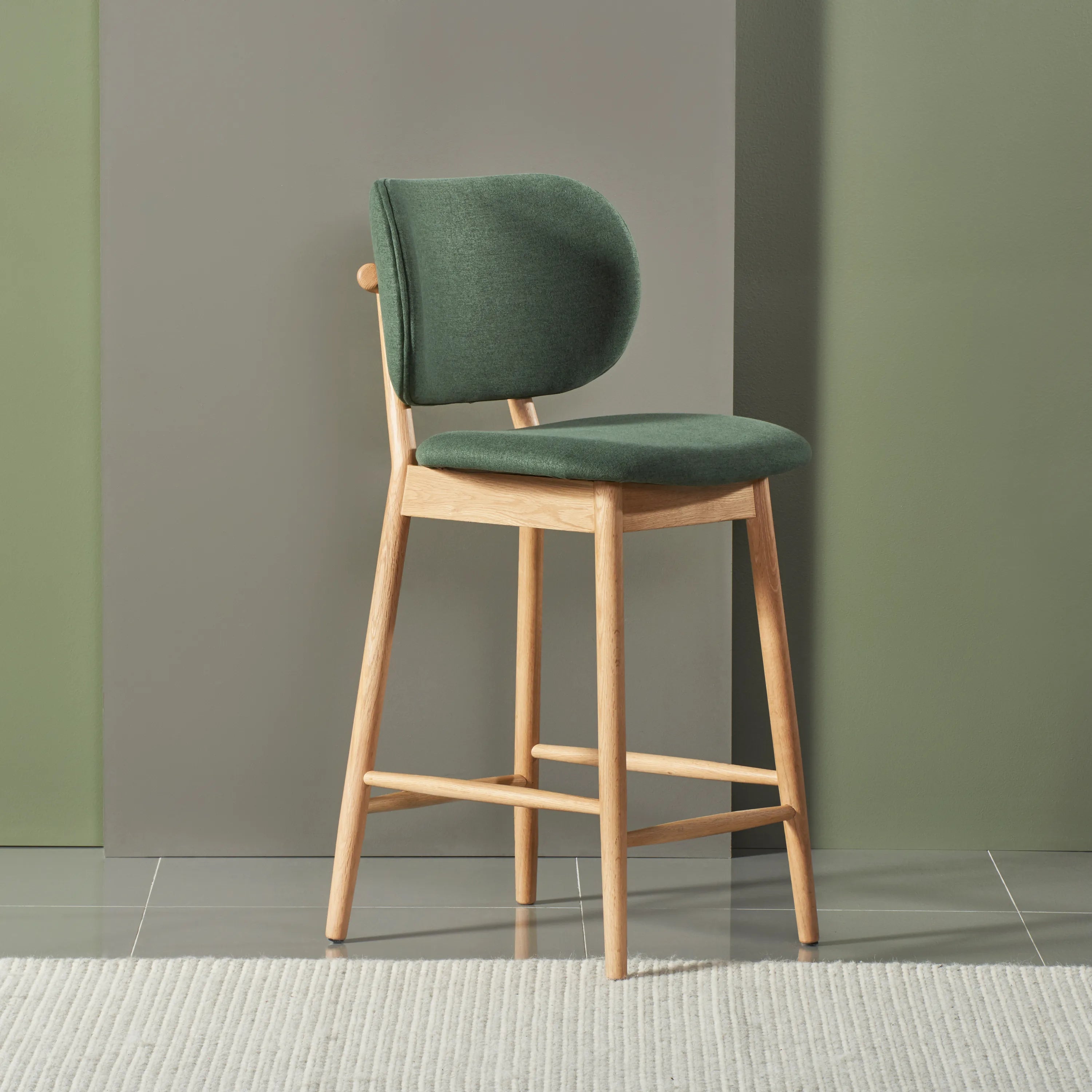 Olivia Counter Stool Forest Green Fabric Solid American Oak