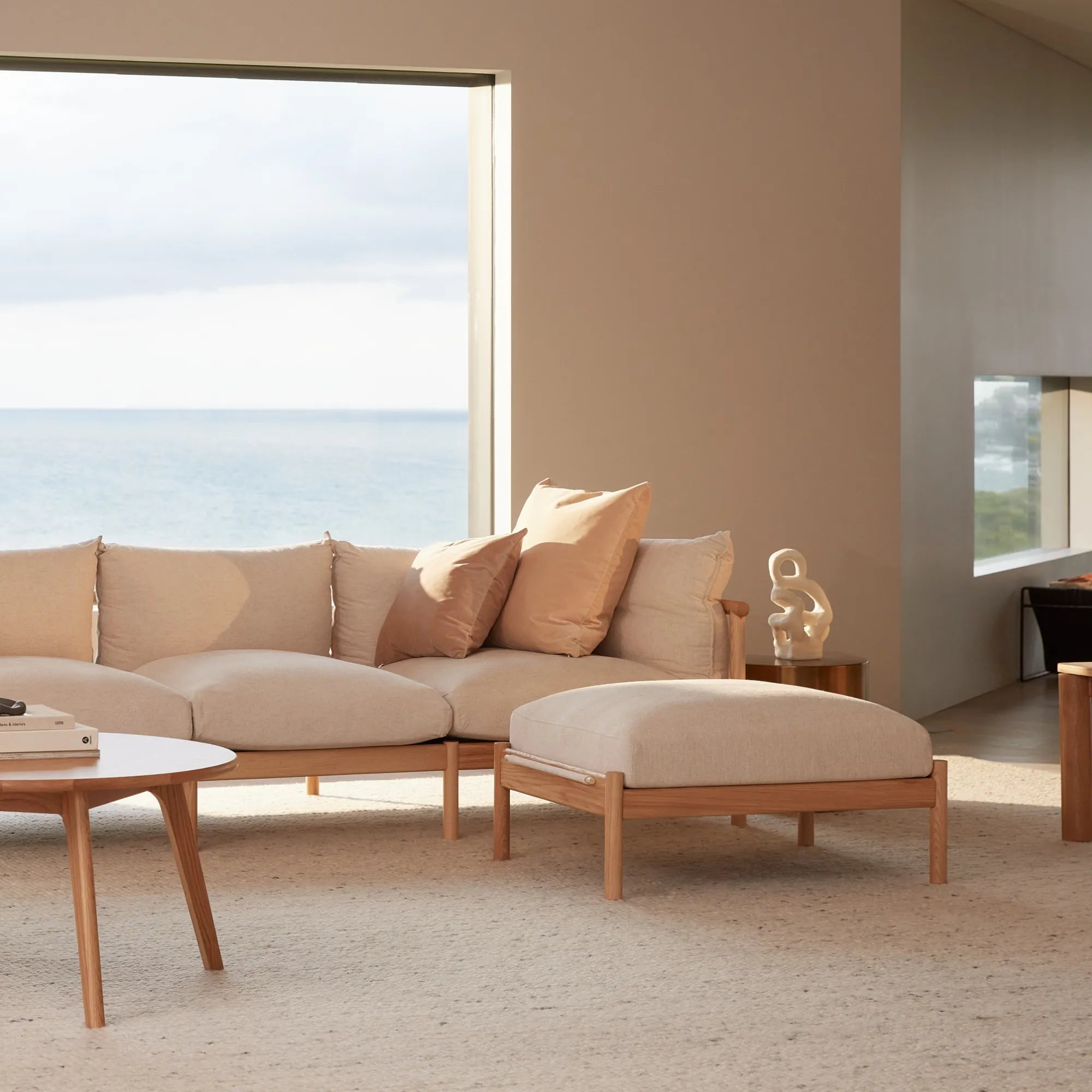 Olivia Ottoman Sand Beige Velvet Solid American Oak