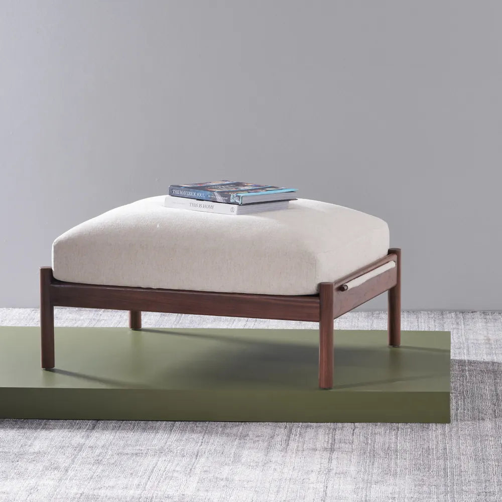 Olivia Ottoman Sand Beige Velvet Solid American Walnut