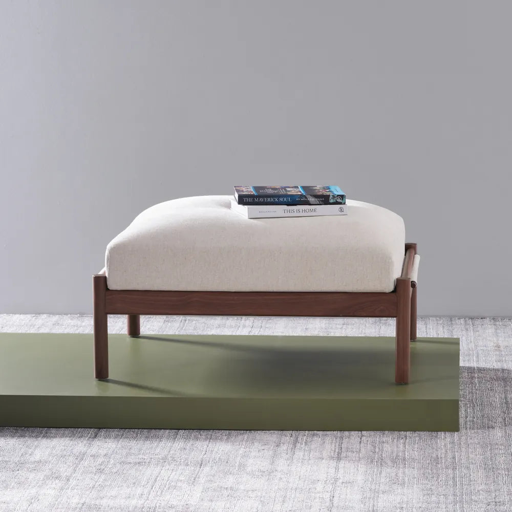 Olivia Ottoman Sand Beige Velvet Solid American Walnut