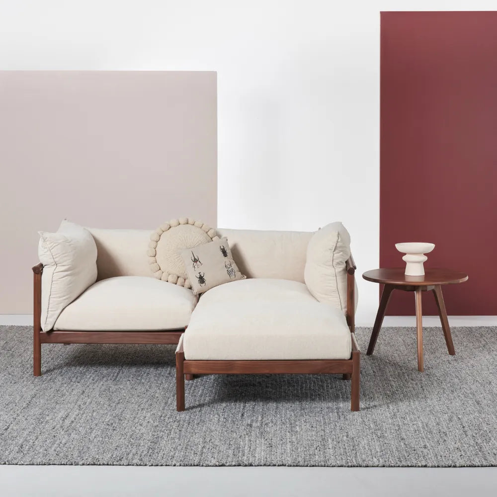 Olivia Ottoman Sand Beige Velvet Solid American Walnut