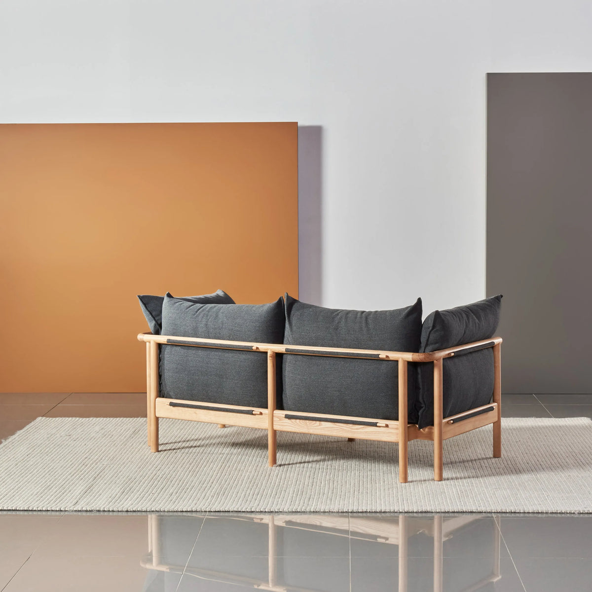 Olivia Sofa 2-Seater Granite Gray Fabric Solid American Oak