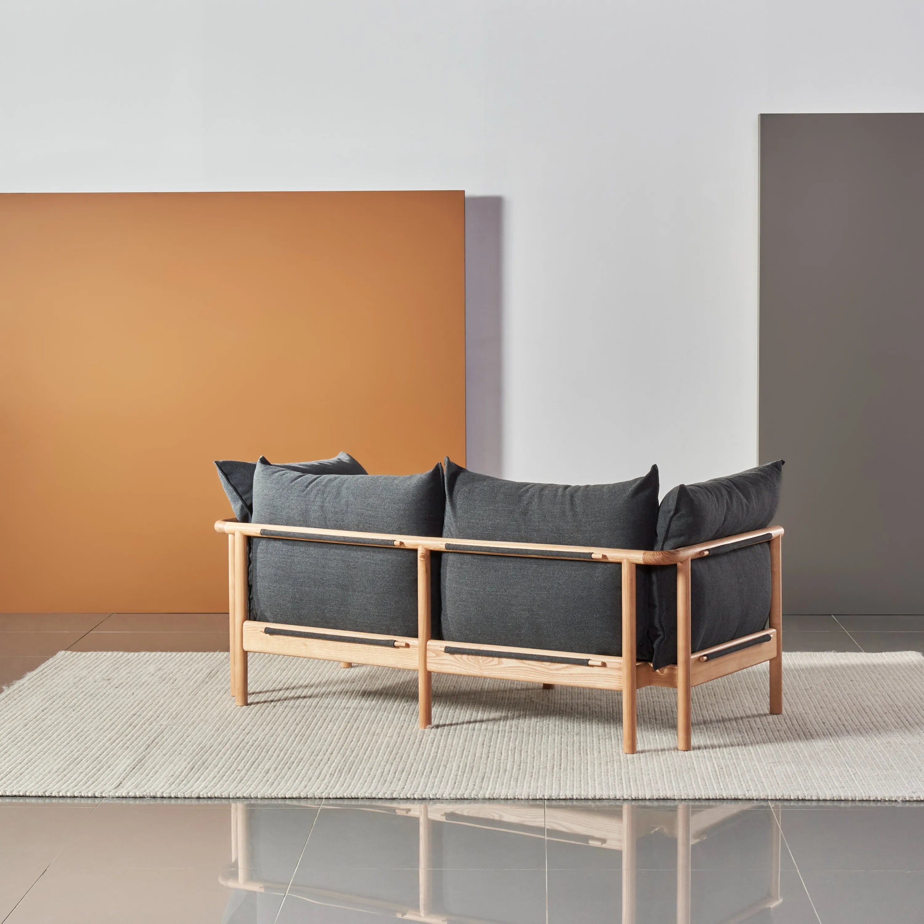 Olivia Sofa 2-Seater Granite Gray Fabric Solid American Oak