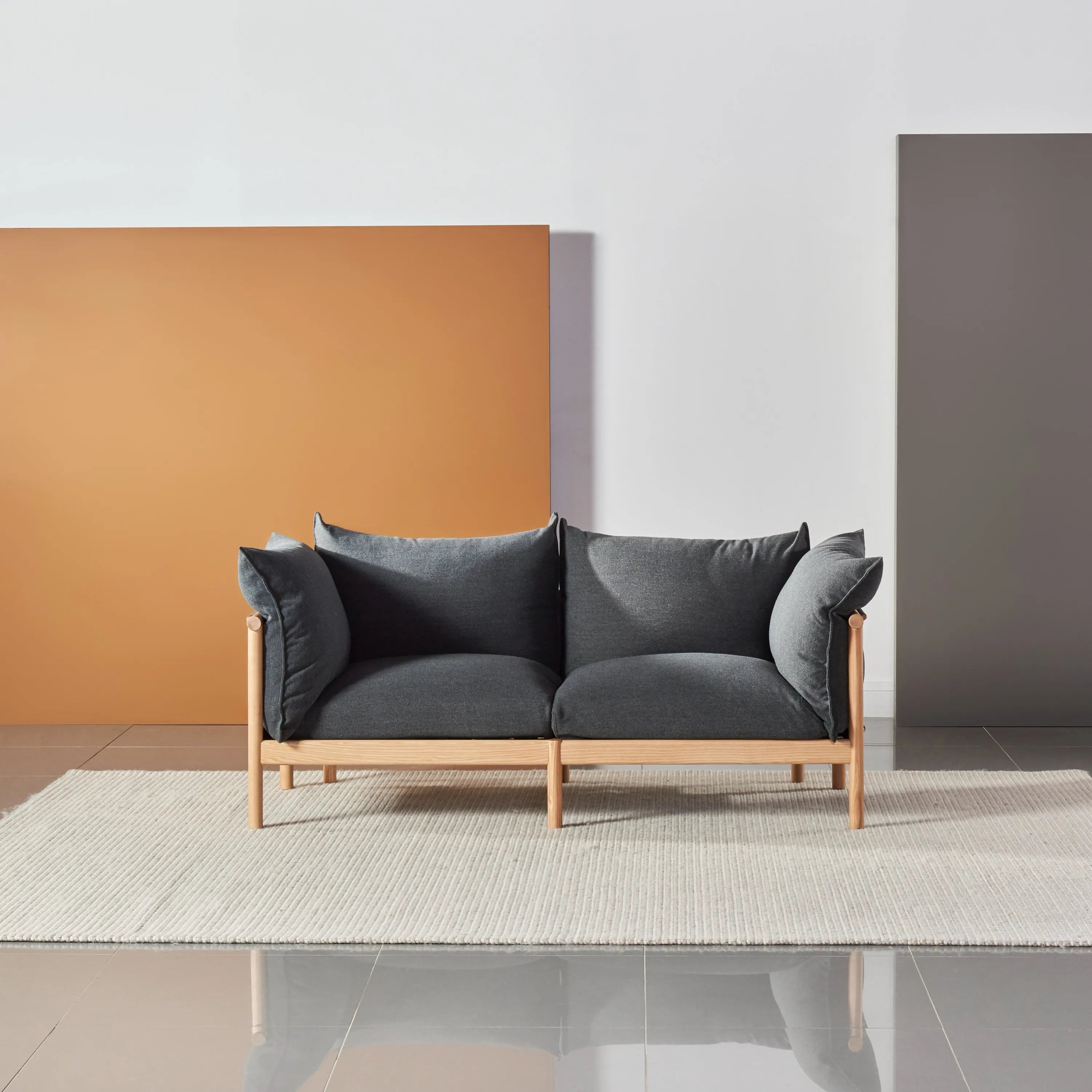 Olivia Sofa 2-Seater Granite Gray Fabric Solid American Oak