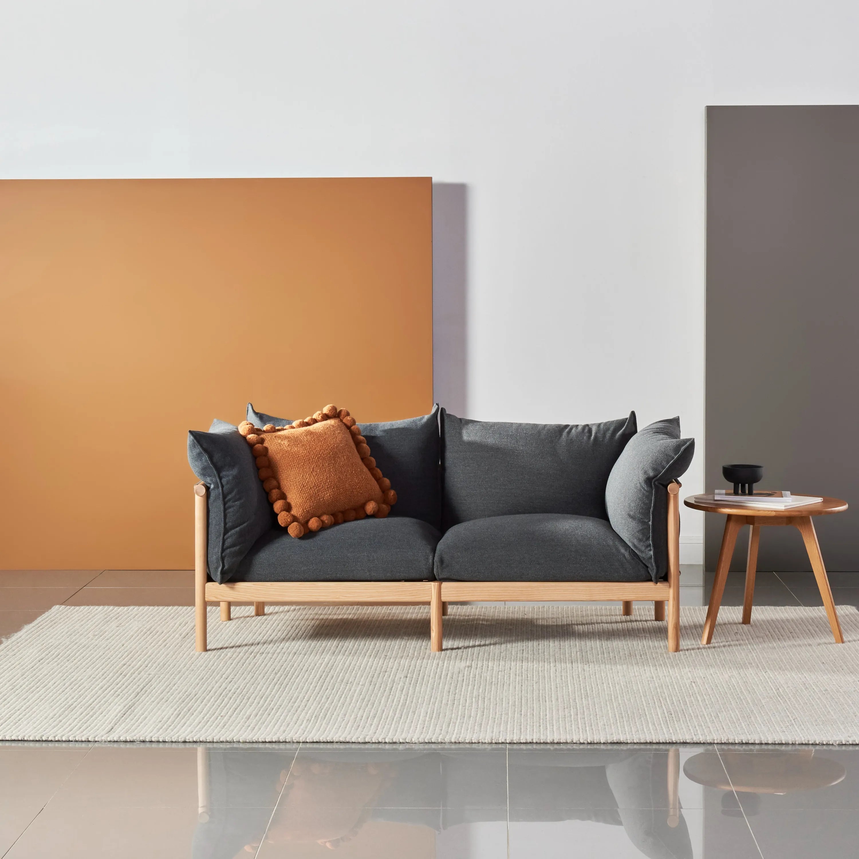 Olivia Sofa 2-Seater Granite Gray Fabric Solid American Oak