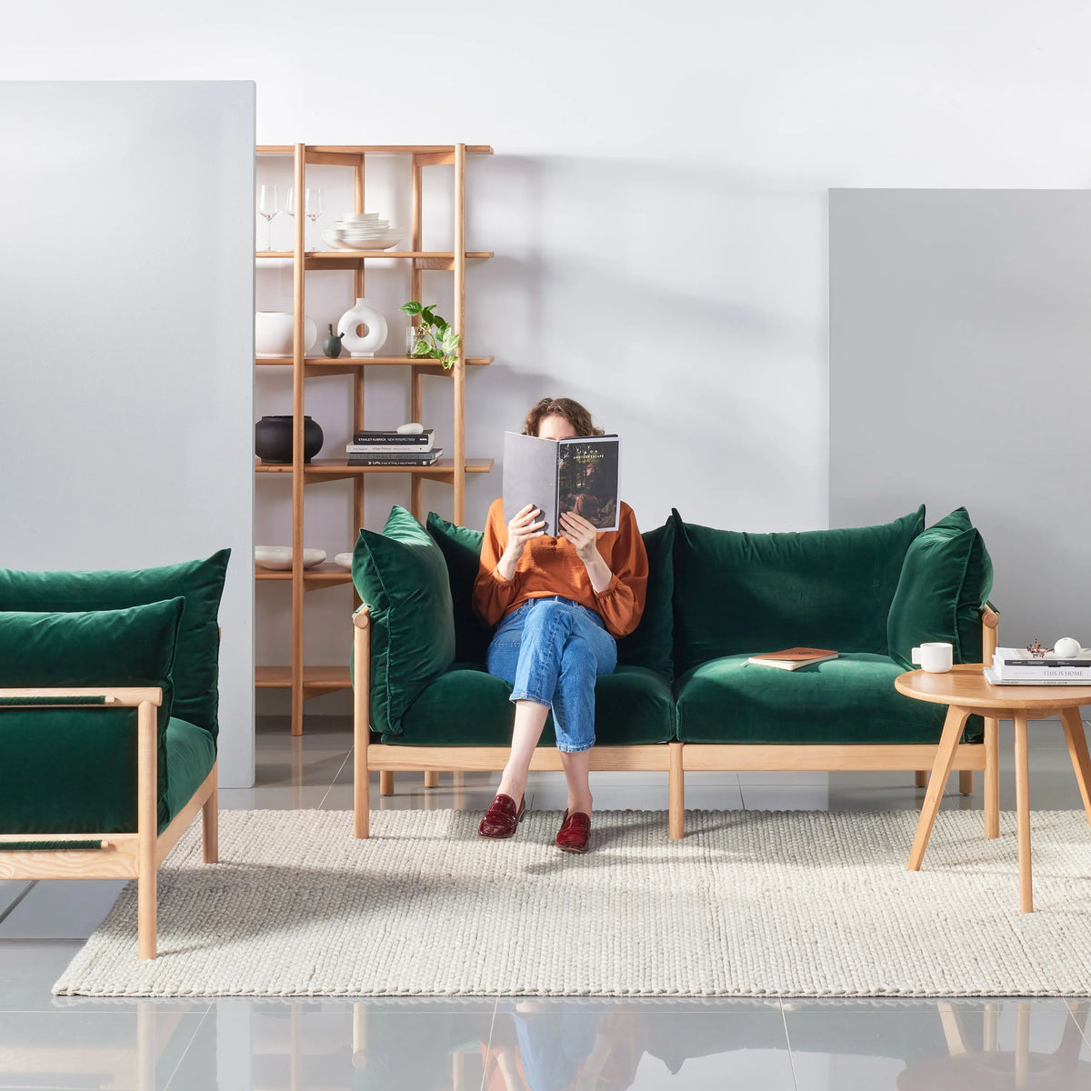 Olivia Sofa 2-Seater Racing Green Velvet Solid American Oak
