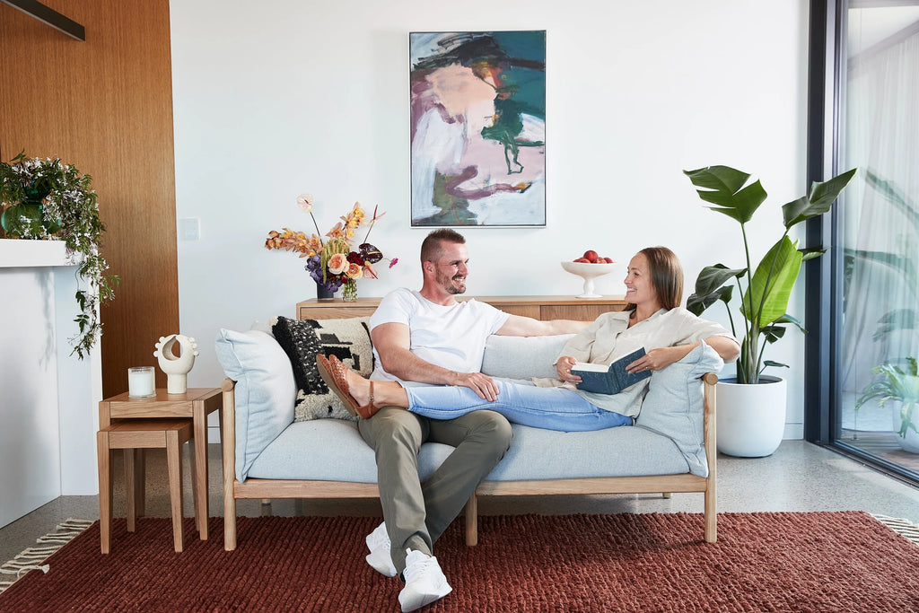 Olivia Sofa 2-Seater Soft Gray Fabric Solid American Oak