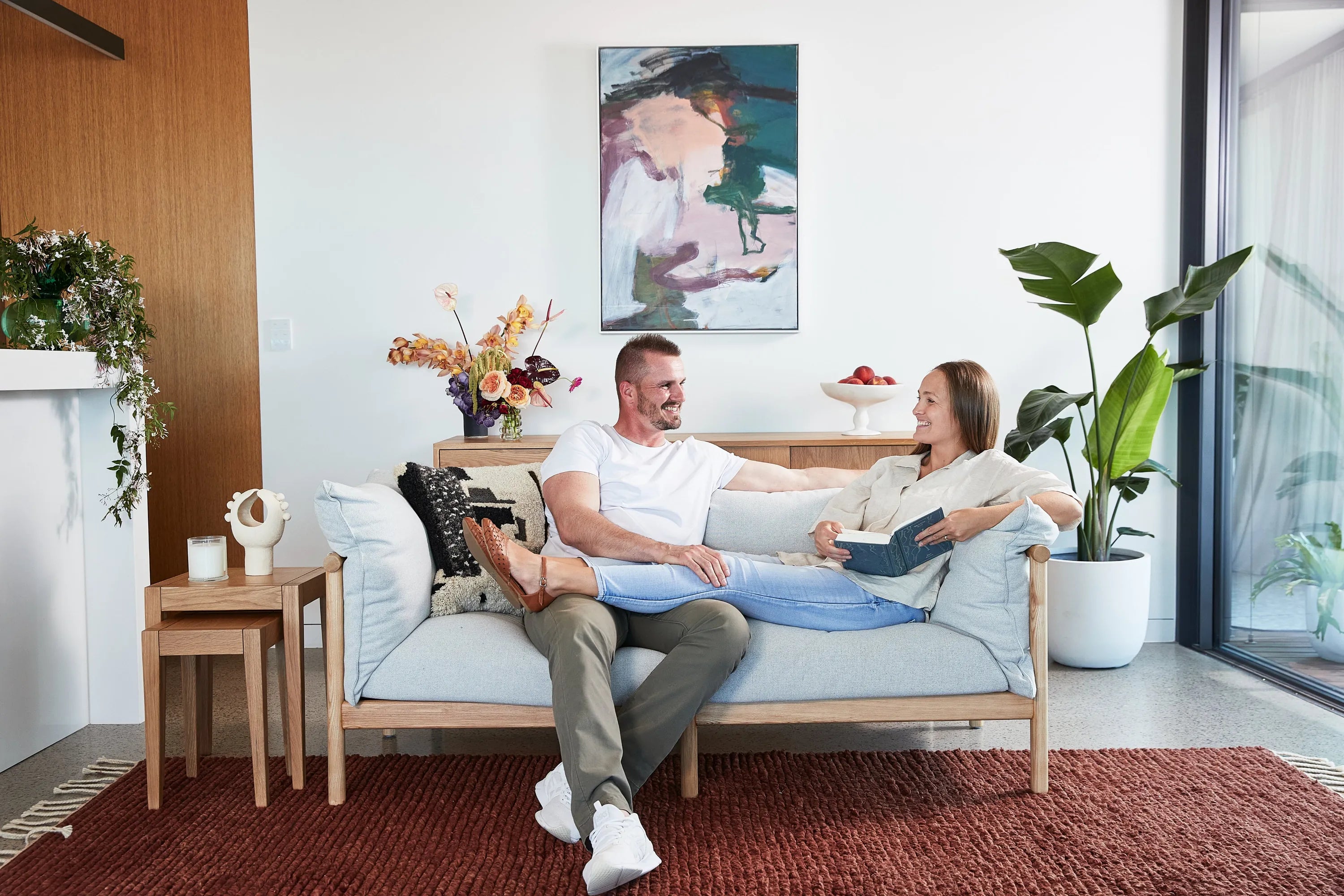 Olivia Sofa 2-Seater Soft Gray Fabric Solid American Oak