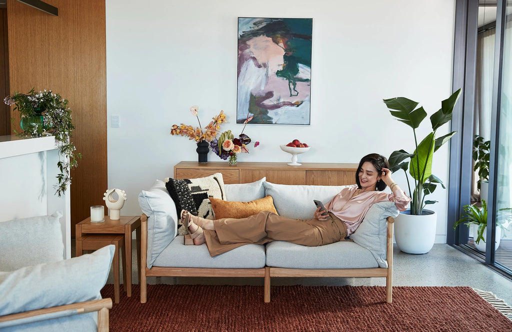 Olivia Sofa 2-Seater Soft Gray Fabric Solid American Oak