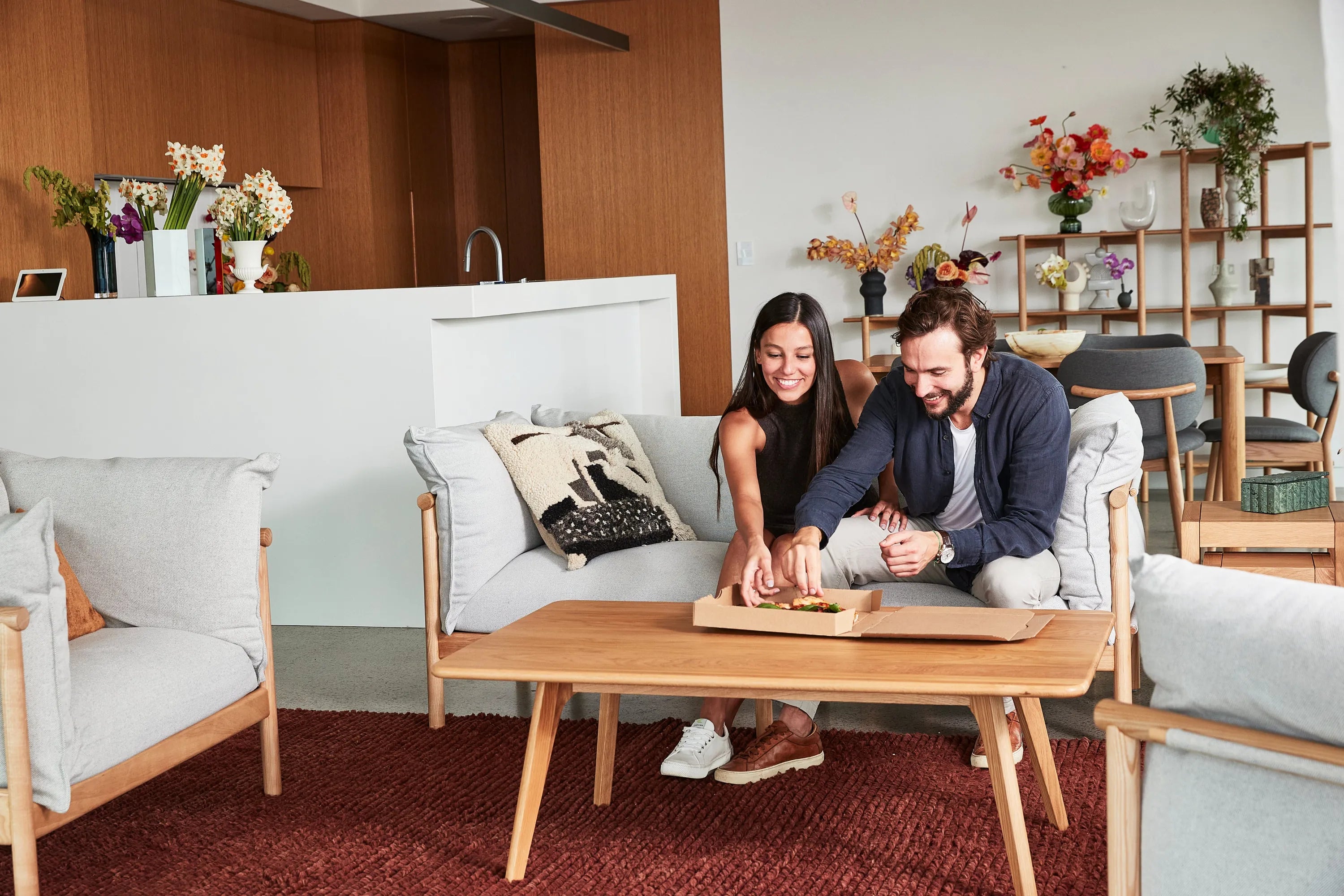 Olivia Sofa 2-Seater Soft Gray Fabric Solid American Oak