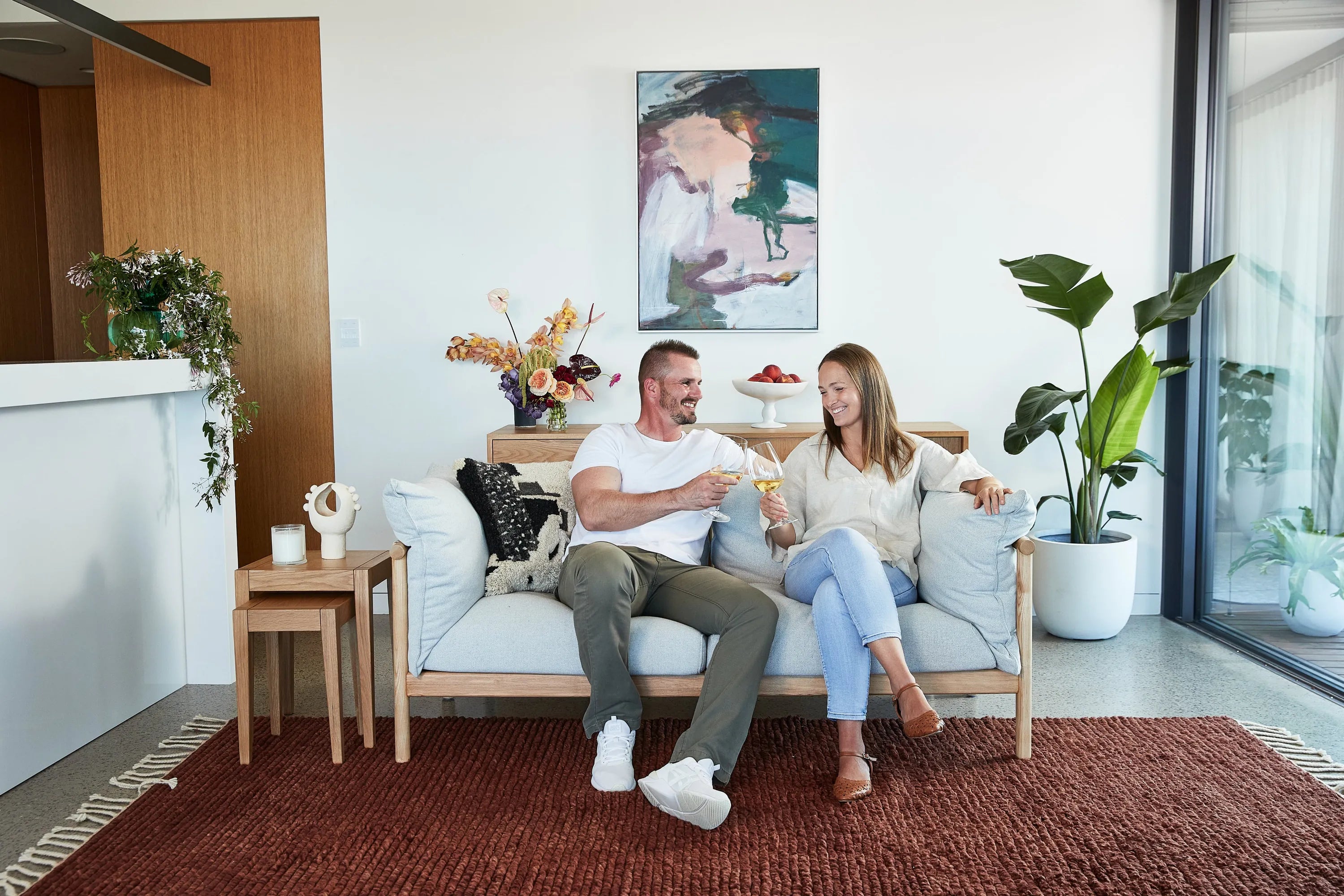 Olivia Sofa 2-Seater Soft Gray Fabric Solid American Oak