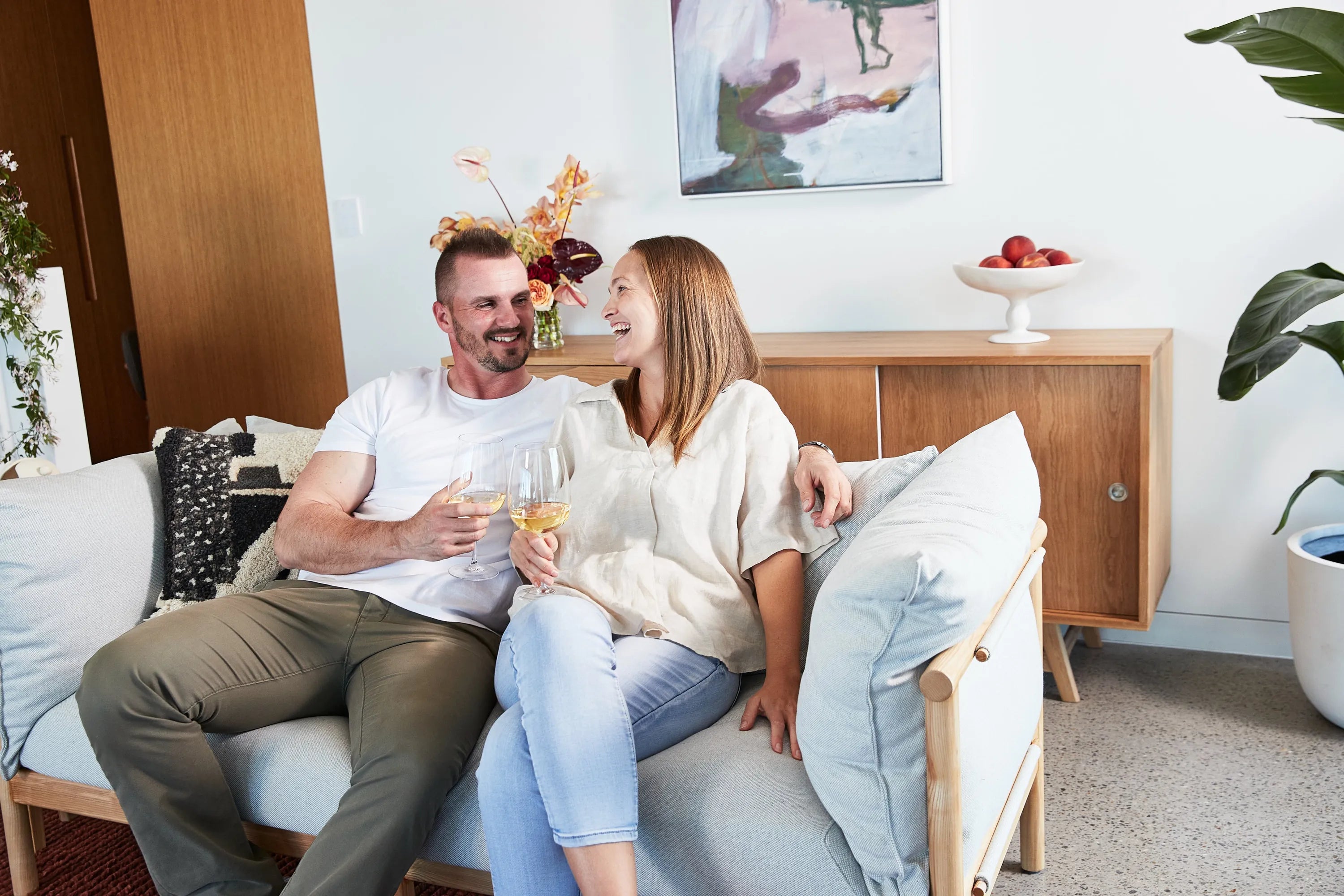 Olivia Sofa 2-Seater Soft Gray Fabric Solid American Oak