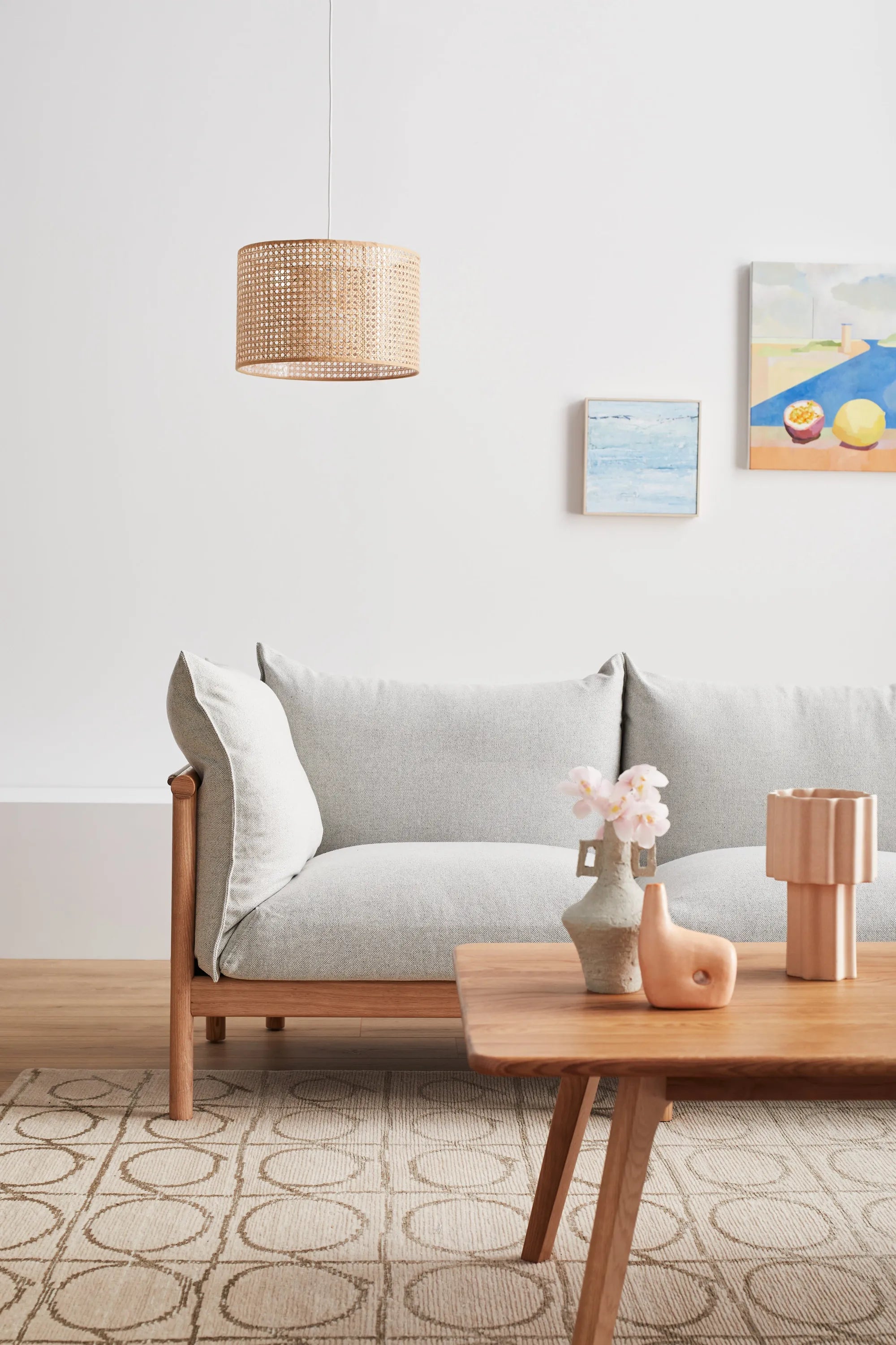 Olivia Sofa 2-Seater Soft Gray Fabric Solid American Oak