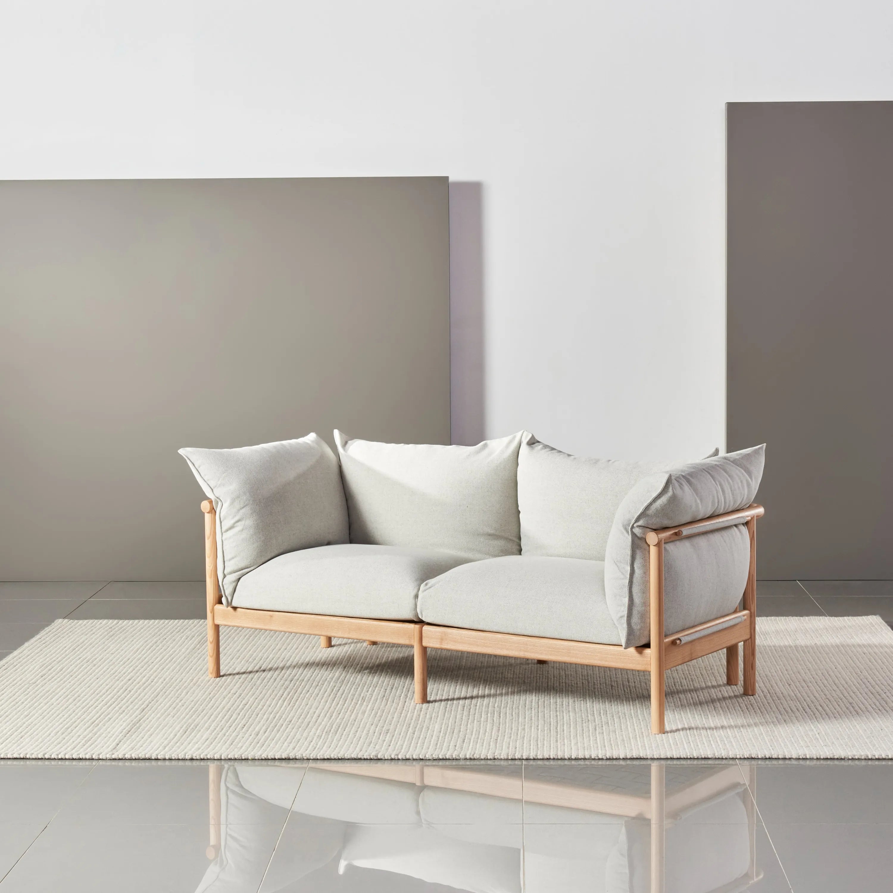 Olivia Sofa 2-Seater Soft Gray Fabric Solid American Oak