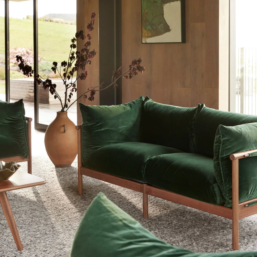 Olivia Sofa 2-Seater Racing Green Velvet Solid American Walnut