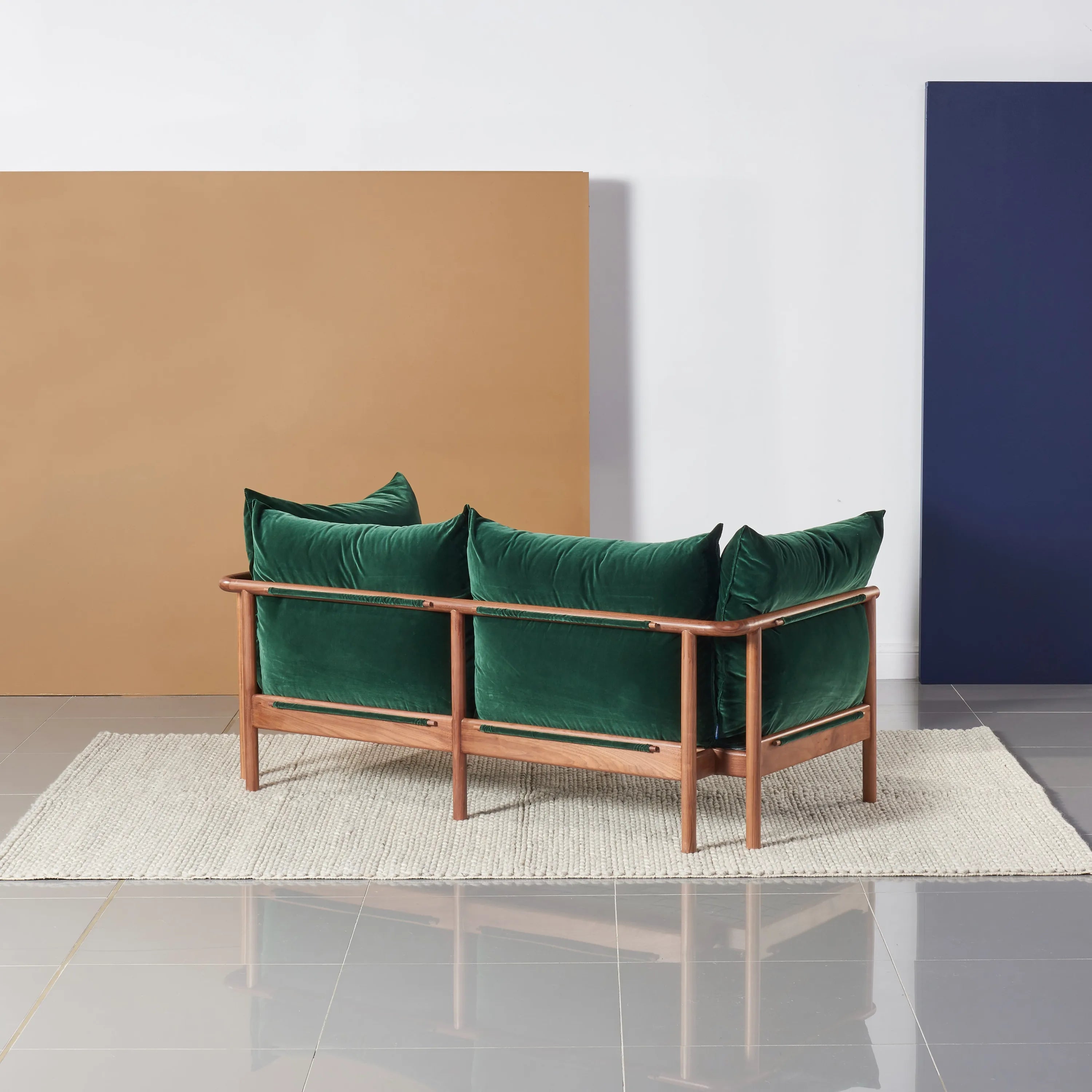 Olivia Sofa 2-Seater Racing Green Velvet Solid American Walnut