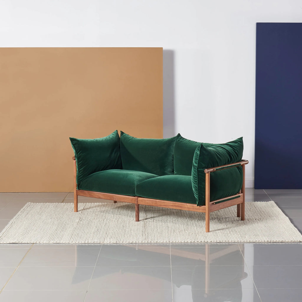 Olivia Sofa 2-Seater Racing Green Velvet Solid American Walnut