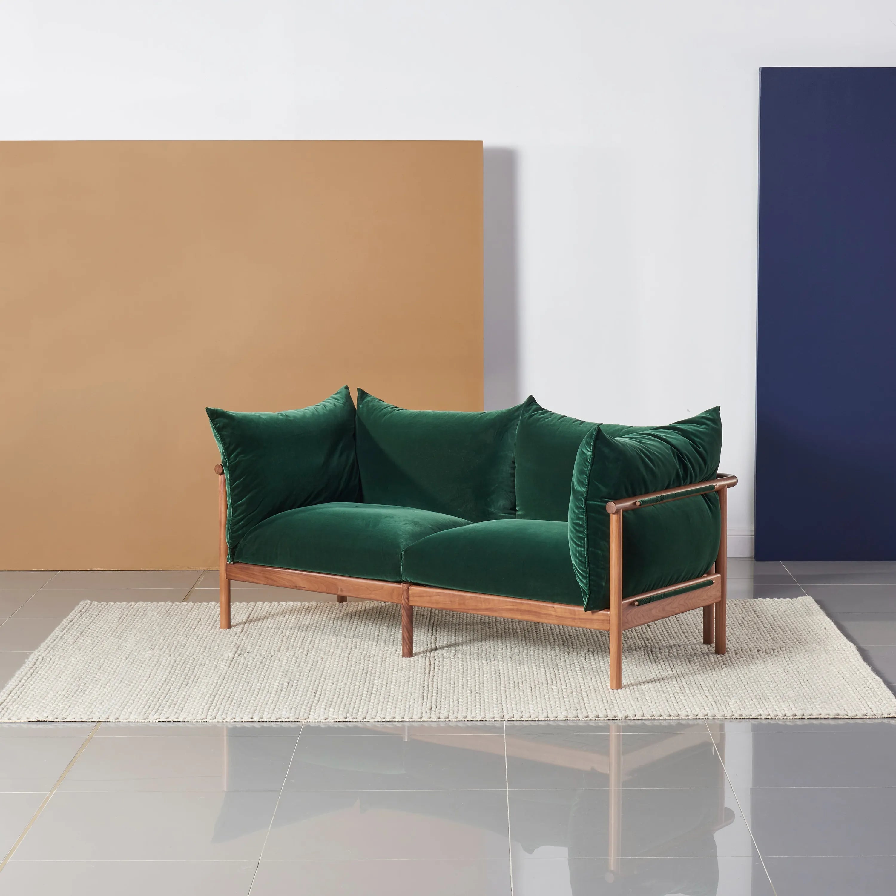 Olivia Sofa 2-Seater Racing Green Velvet Solid American Walnut