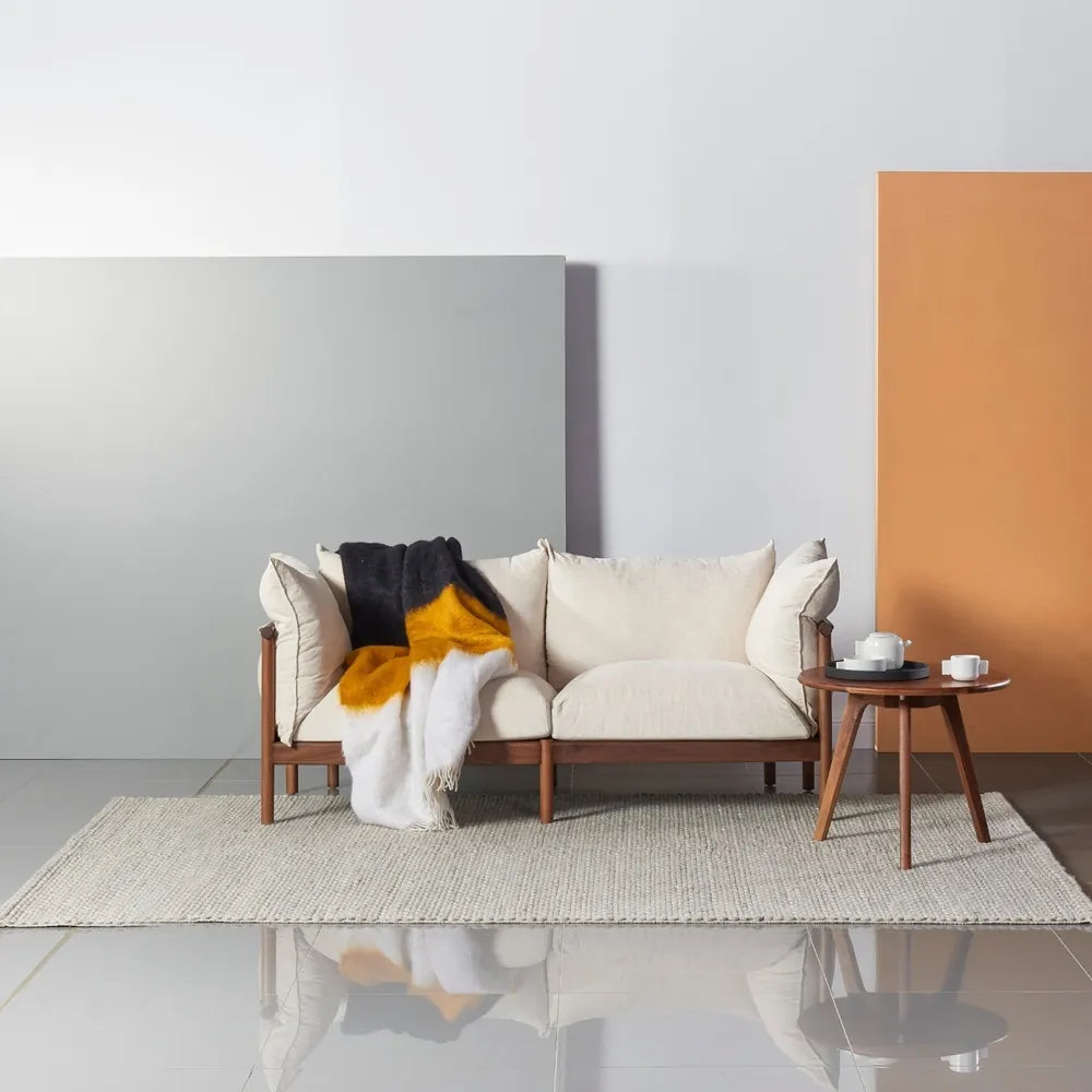 Olivia Sofa 2-Seater Sand Beige Velvet Solid American Walnut