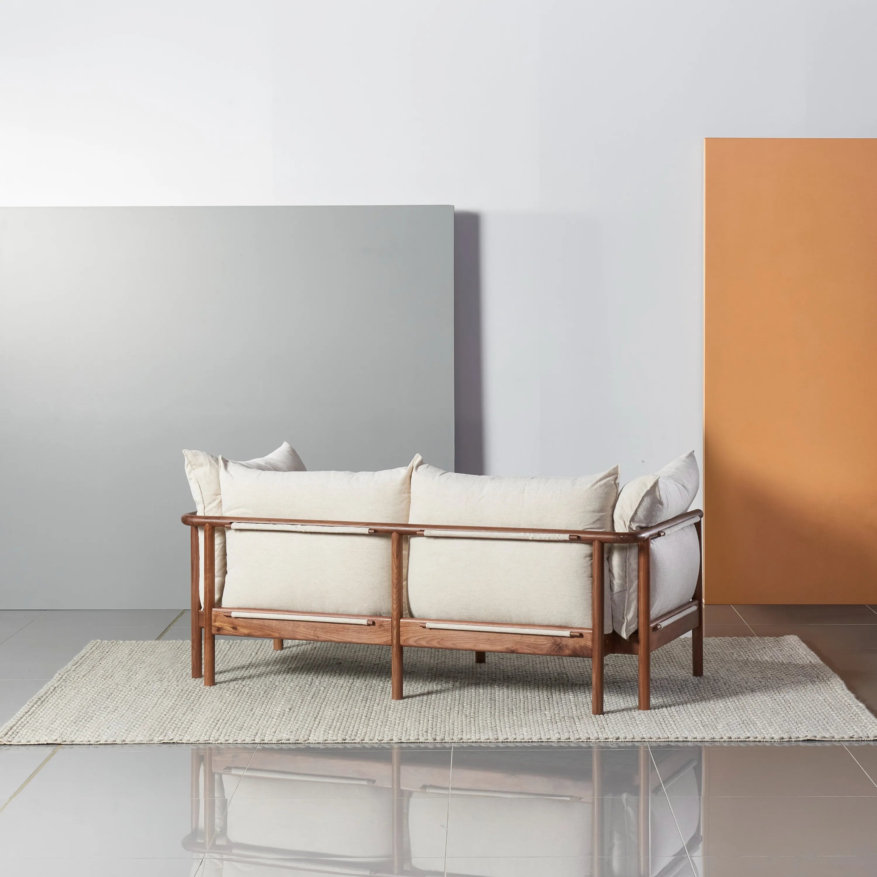 Olivia Sofa 2-Seater Sand Beige Velvet Solid American Walnut