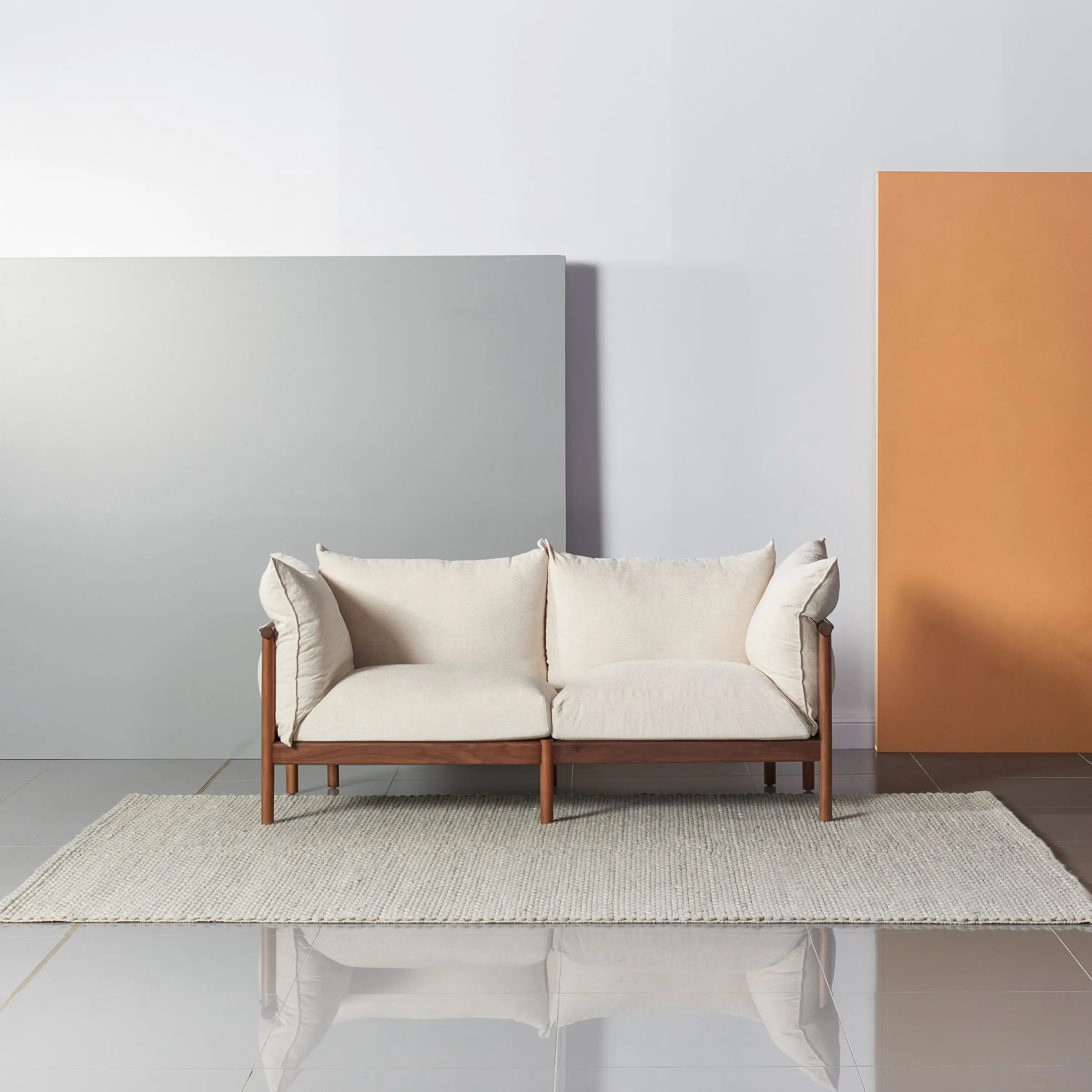 Olivia Sofa 2-Seater Sand Beige Velvet Solid American Walnut