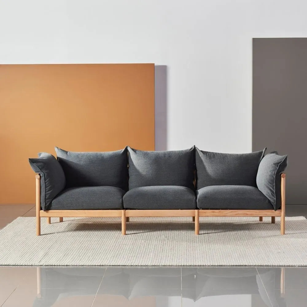 Olivia Sofa 3-Seater Granite Gray Fabric Solid American Oak