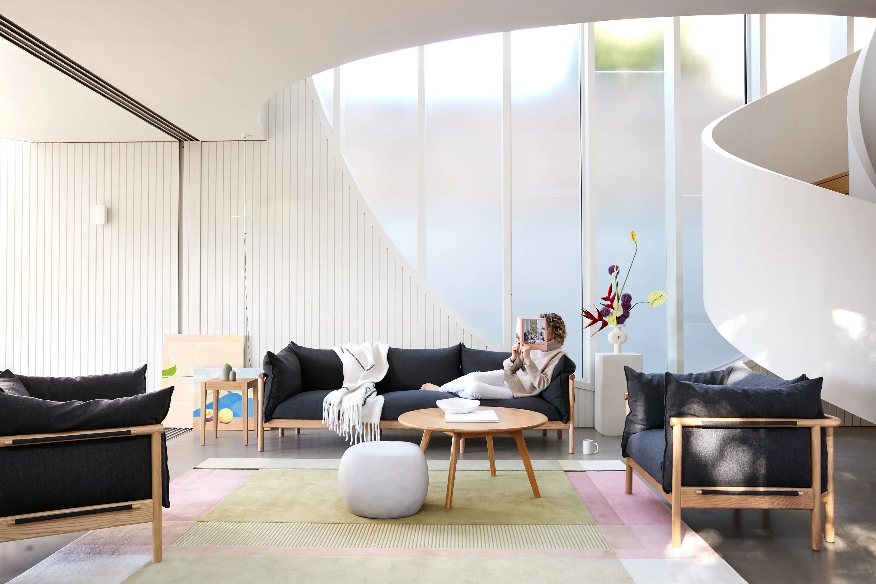 Olivia Sofa 3-Seater Granite Gray Fabric Solid American Oak