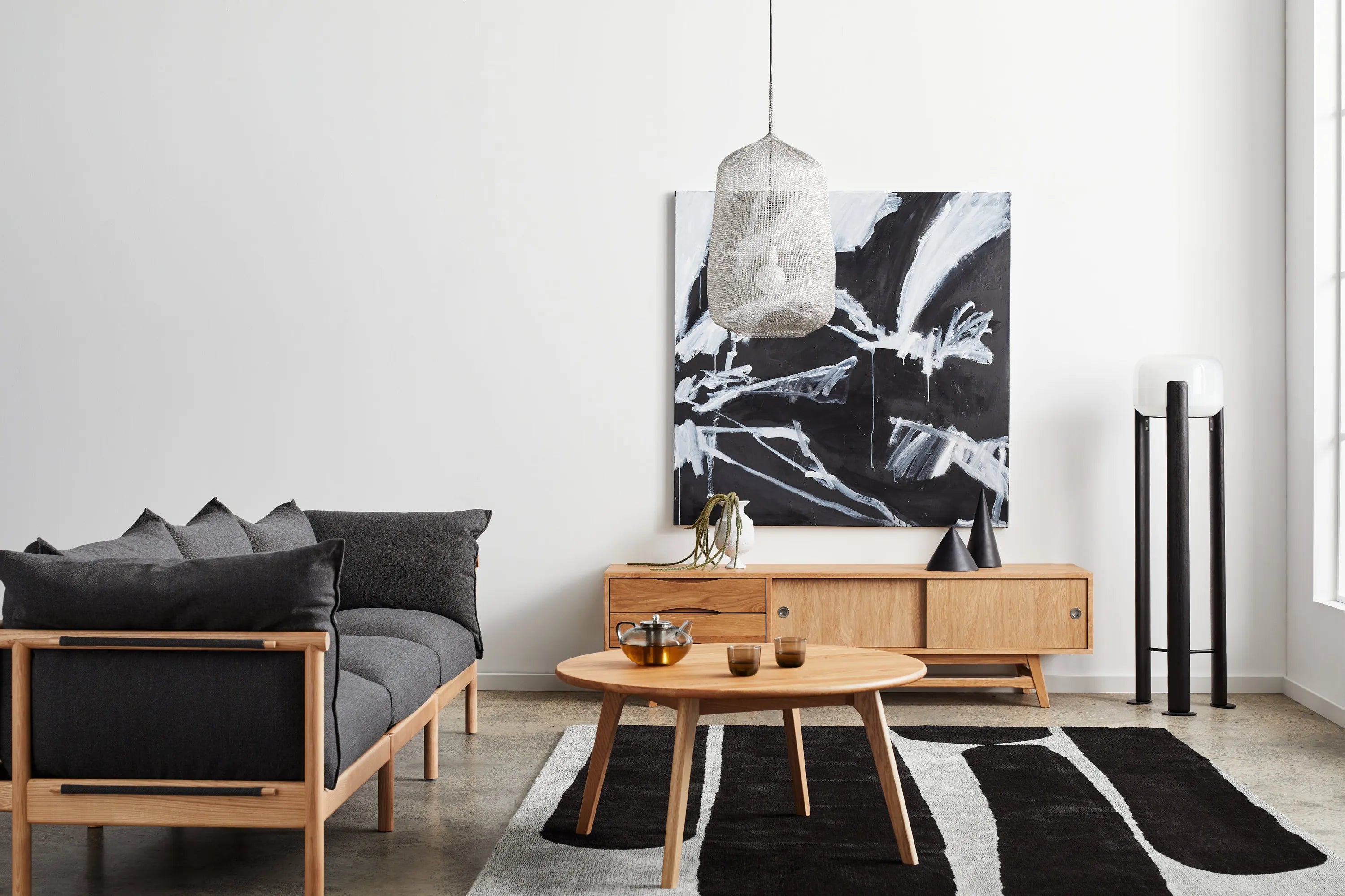 Olivia Sofa 3-Seater Granite Gray Fabric Solid American Oak