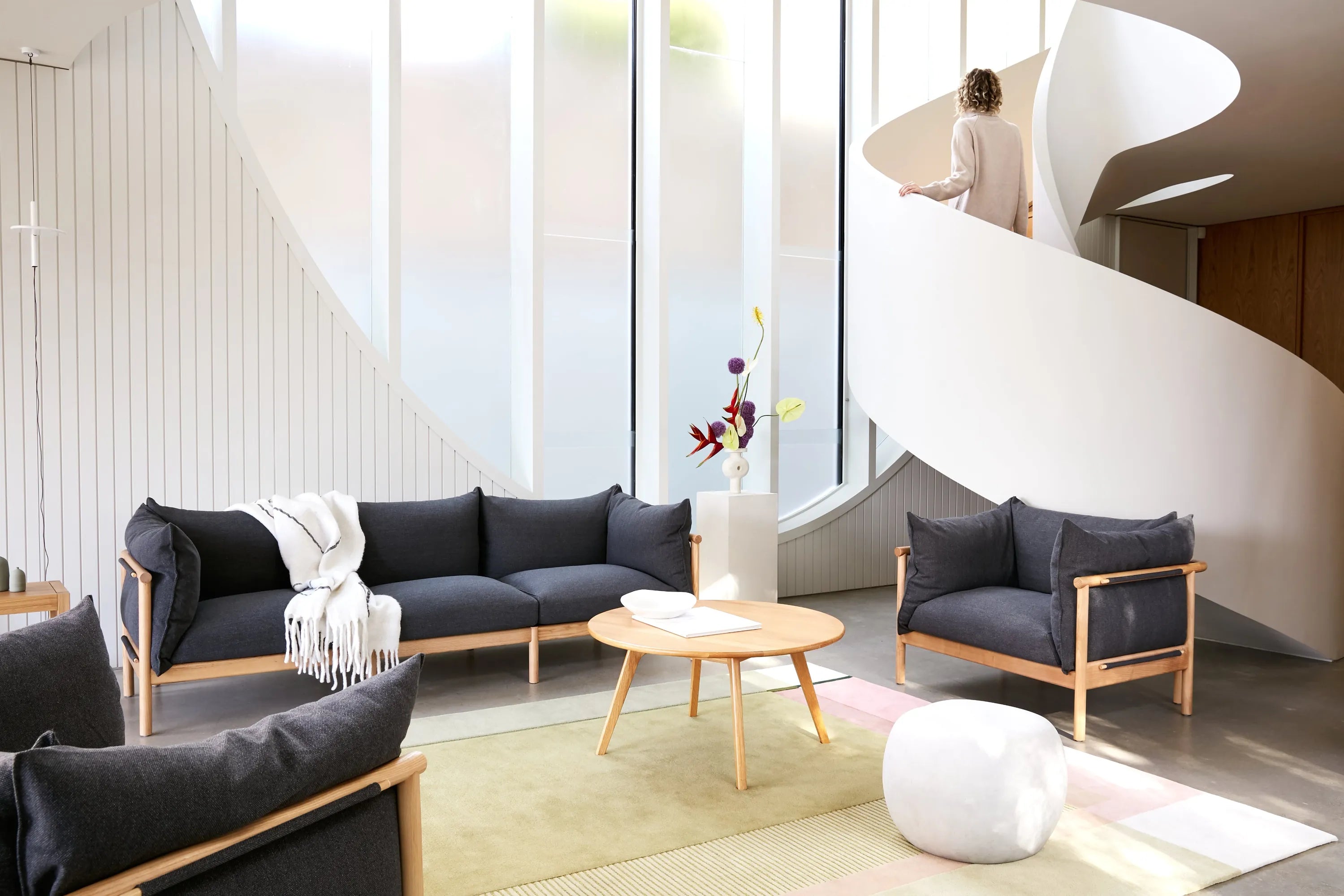 Olivia Sofa 3-Seater Granite Gray Fabric Solid American Oak