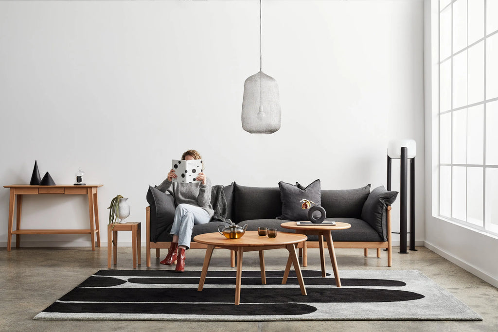 Olivia Sofa 3-Seater Granite Gray Fabric Solid American Oak