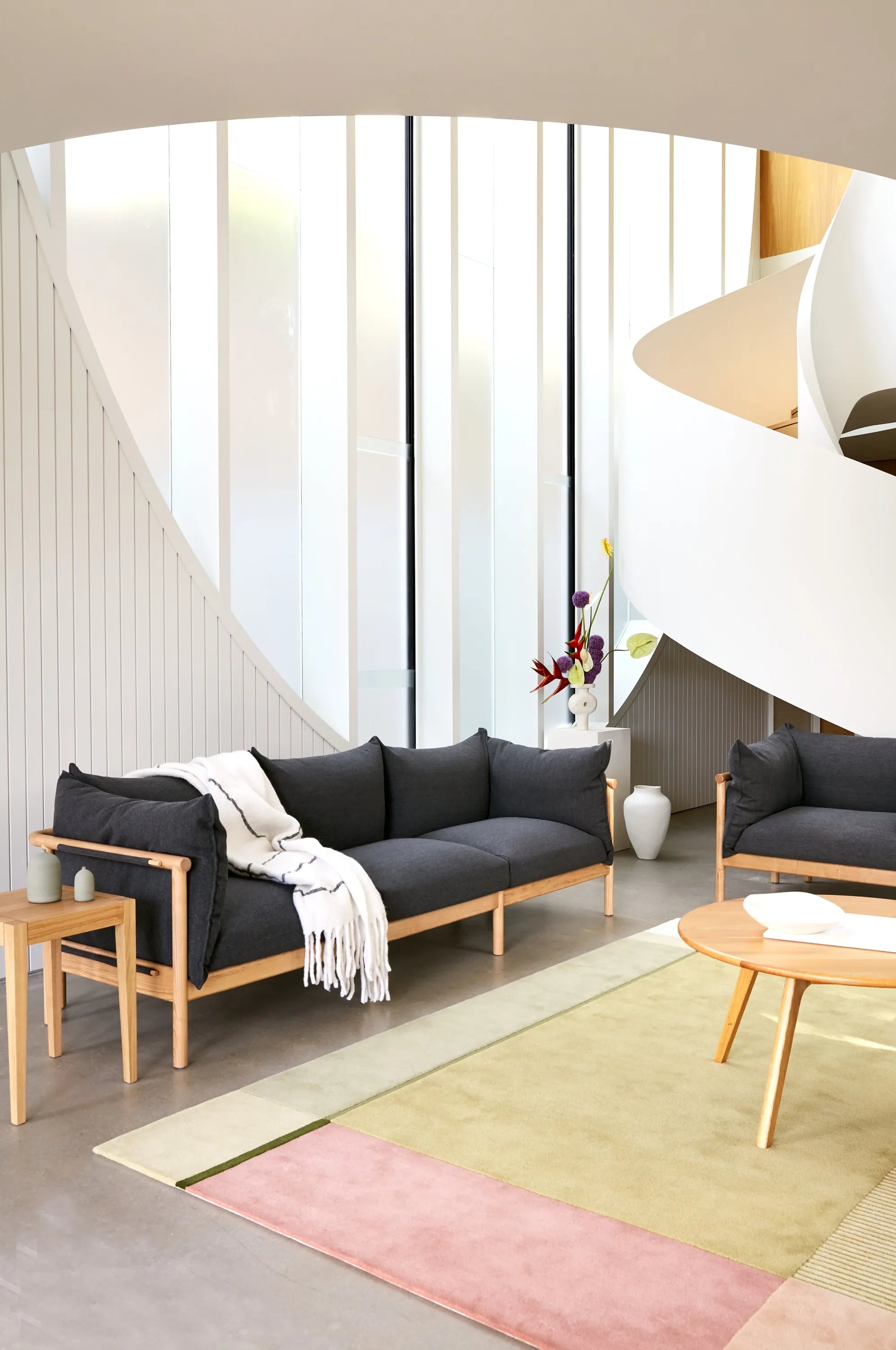 Olivia Sofa 3-Seater Granite Gray Fabric Solid American Oak