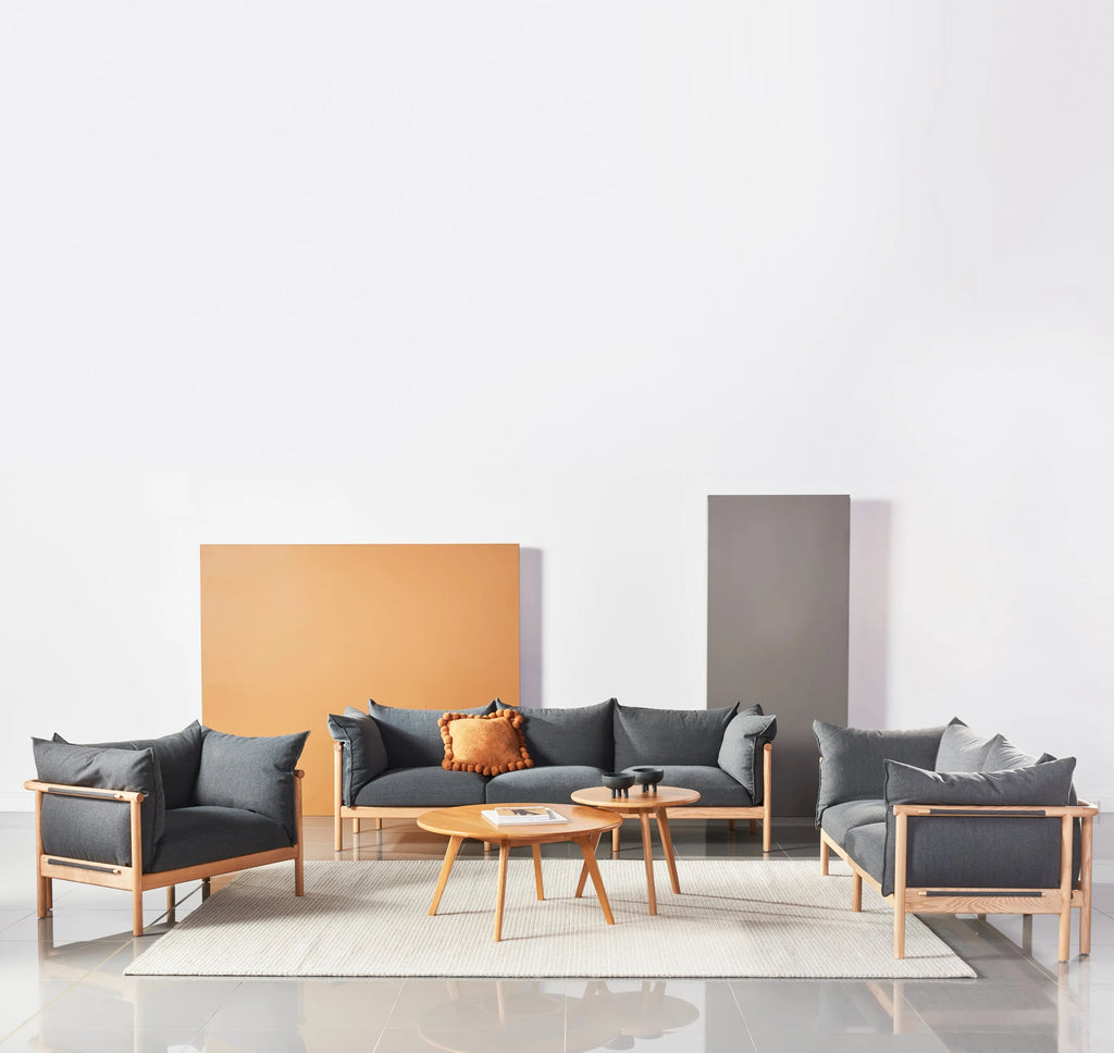 Olivia Sofa 3-Seater Granite Gray Fabric Solid American Oak