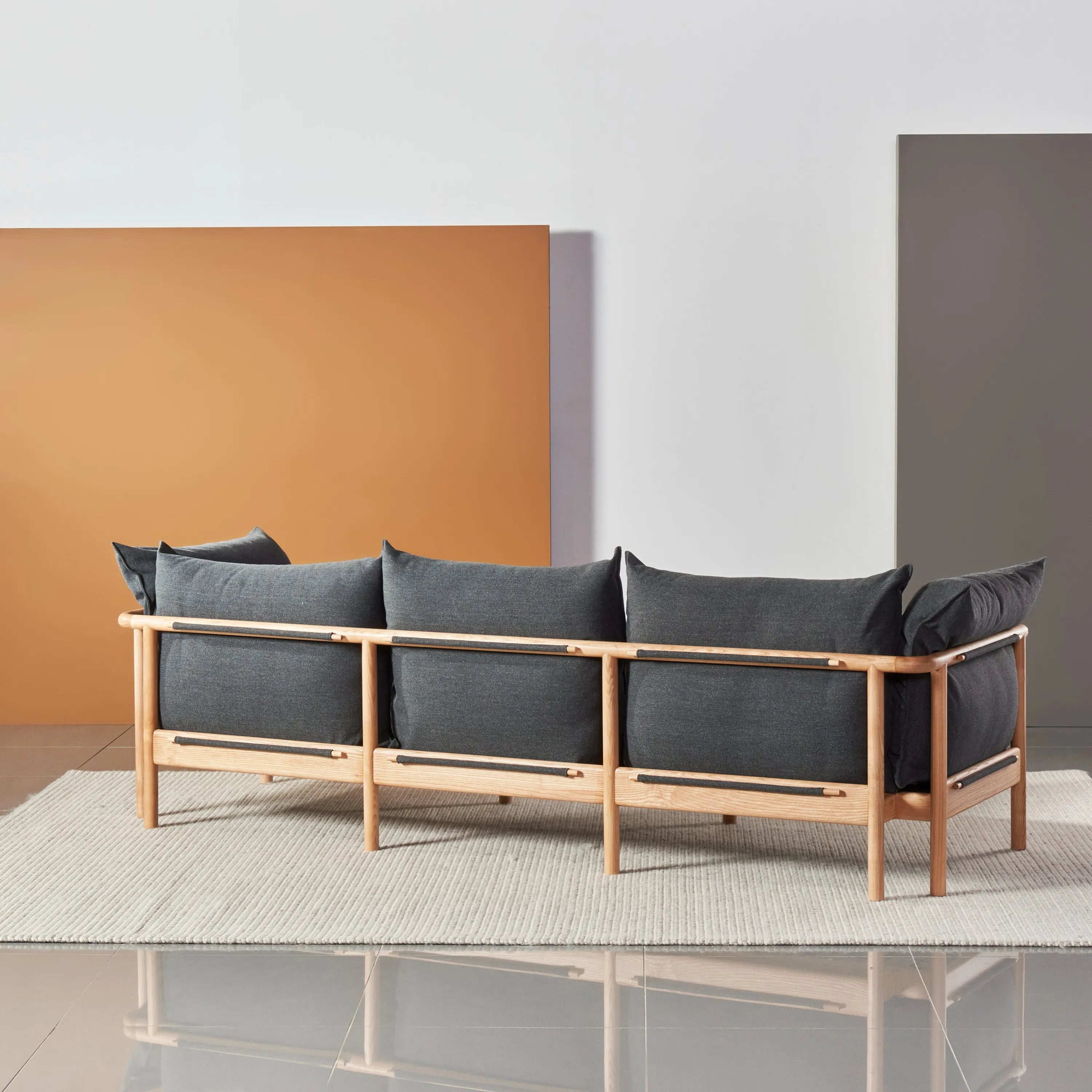 Olivia Sofa 3-Seater Granite Gray Fabric Solid American Oak