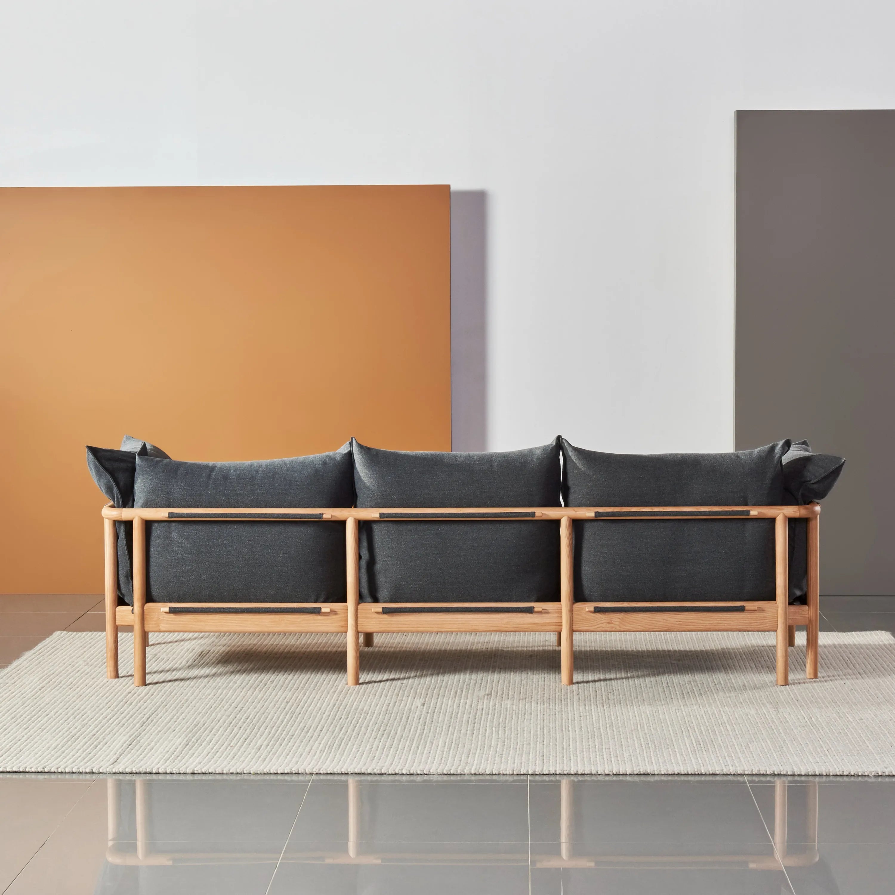 Olivia Sofa 3-Seater Granite Gray Fabric Solid American Oak