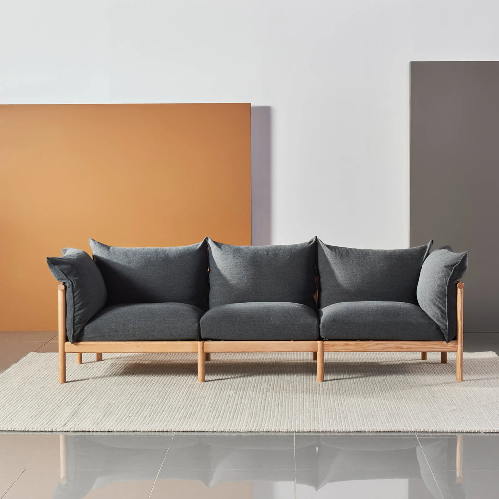 Olivia Sofa 3-Seater Granite Gray Fabric Solid American Oak