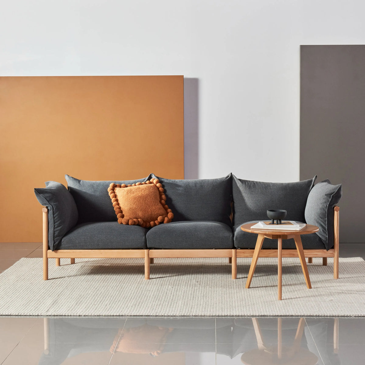 Olivia Sofa 3-Seater Granite Gray Fabric Solid American Oak