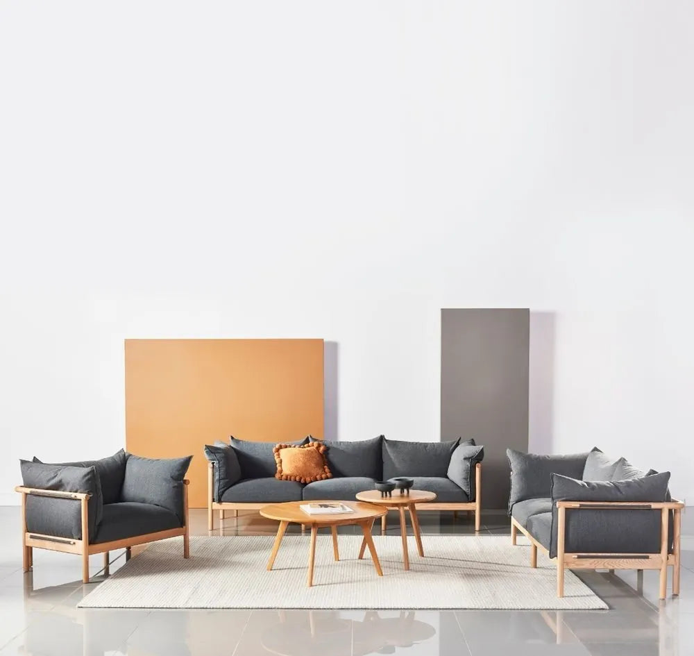 Olivia Sofa 3-Seater Granite Gray Fabric Solid American Oak