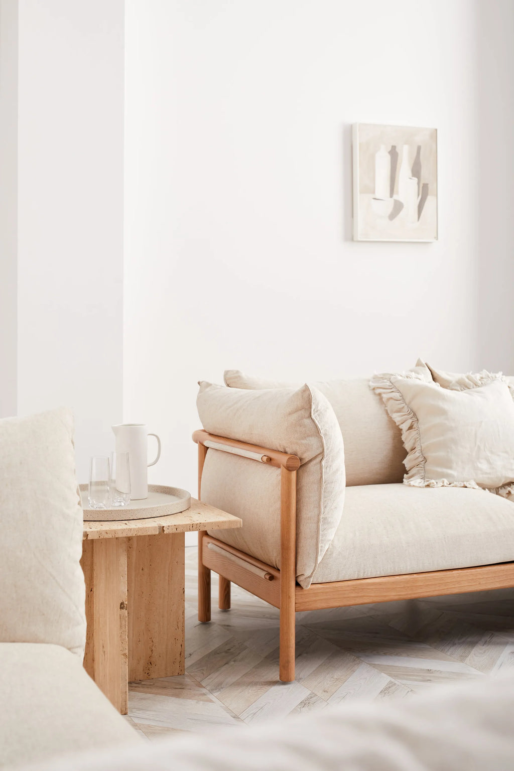 Olivia Sofa 3-Seater Sand Beige Velvet Solid American Oak