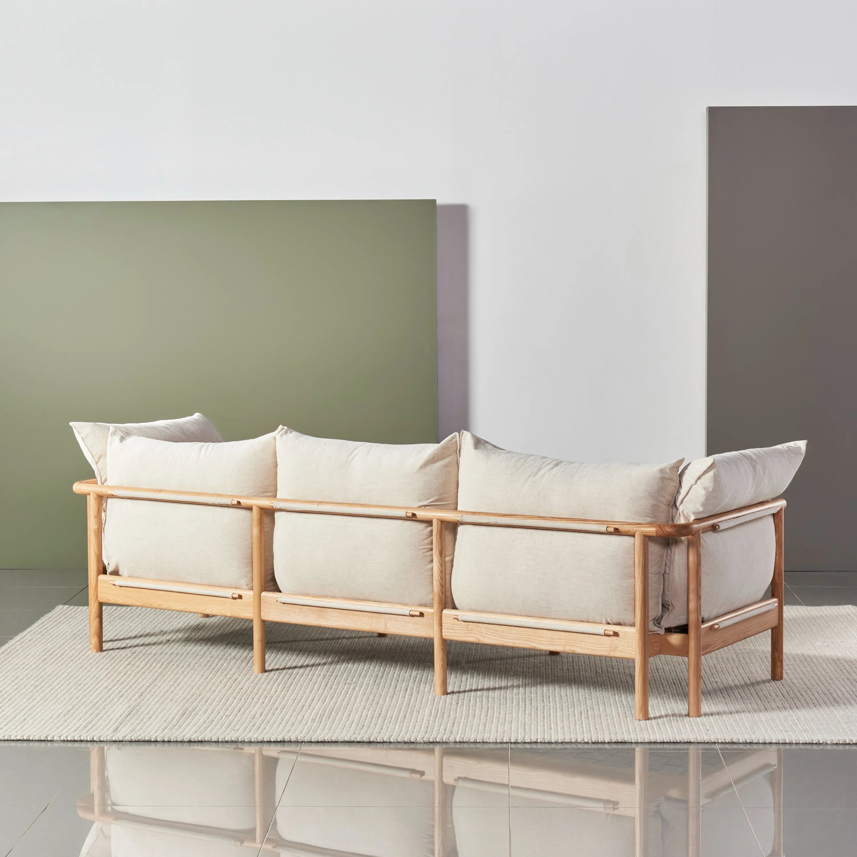 Olivia Sofa 3-Seater Sand Beige Velvet Solid American Oak